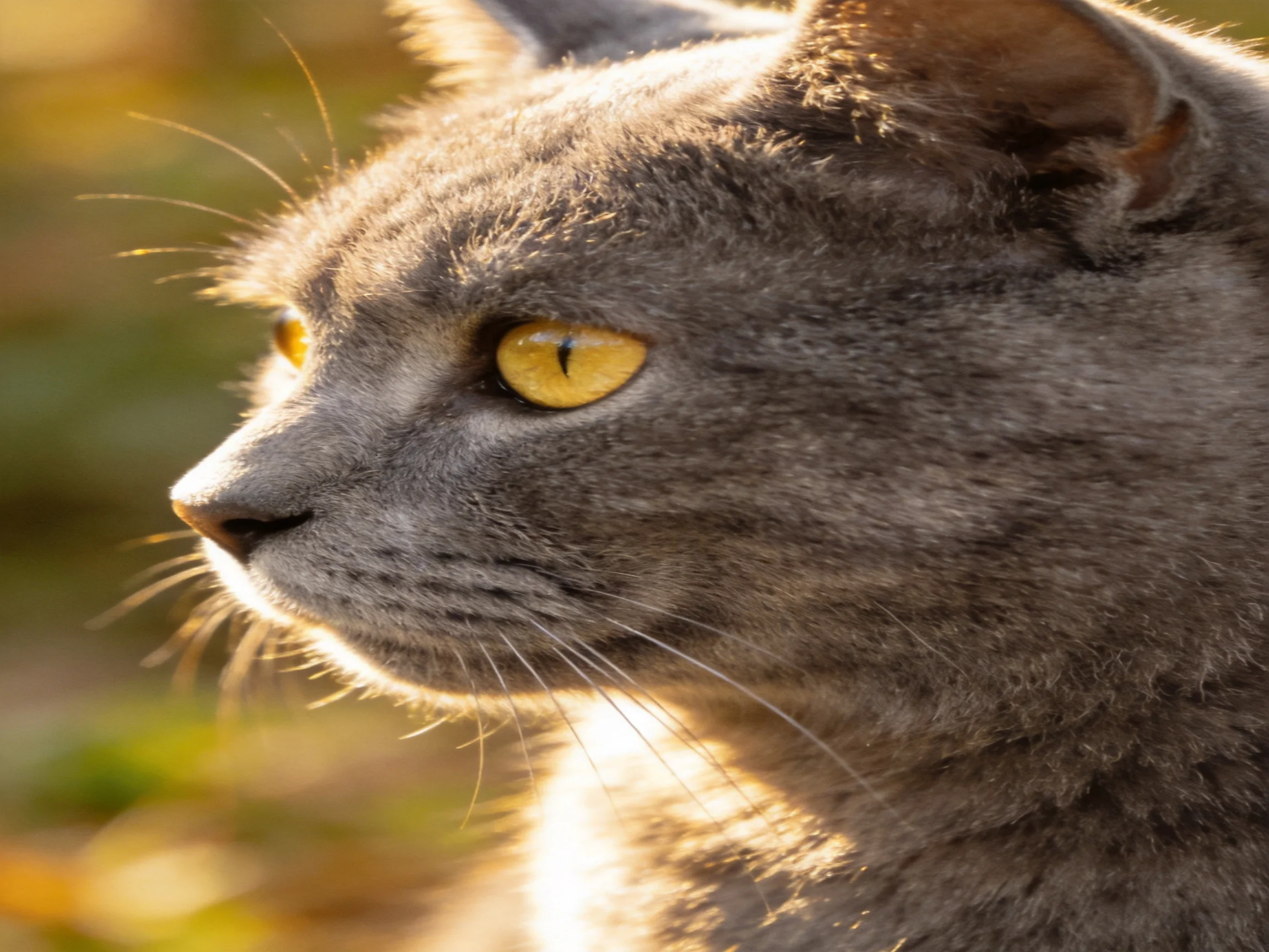A gray cat with vivid yellow eyes is shown outdoors in