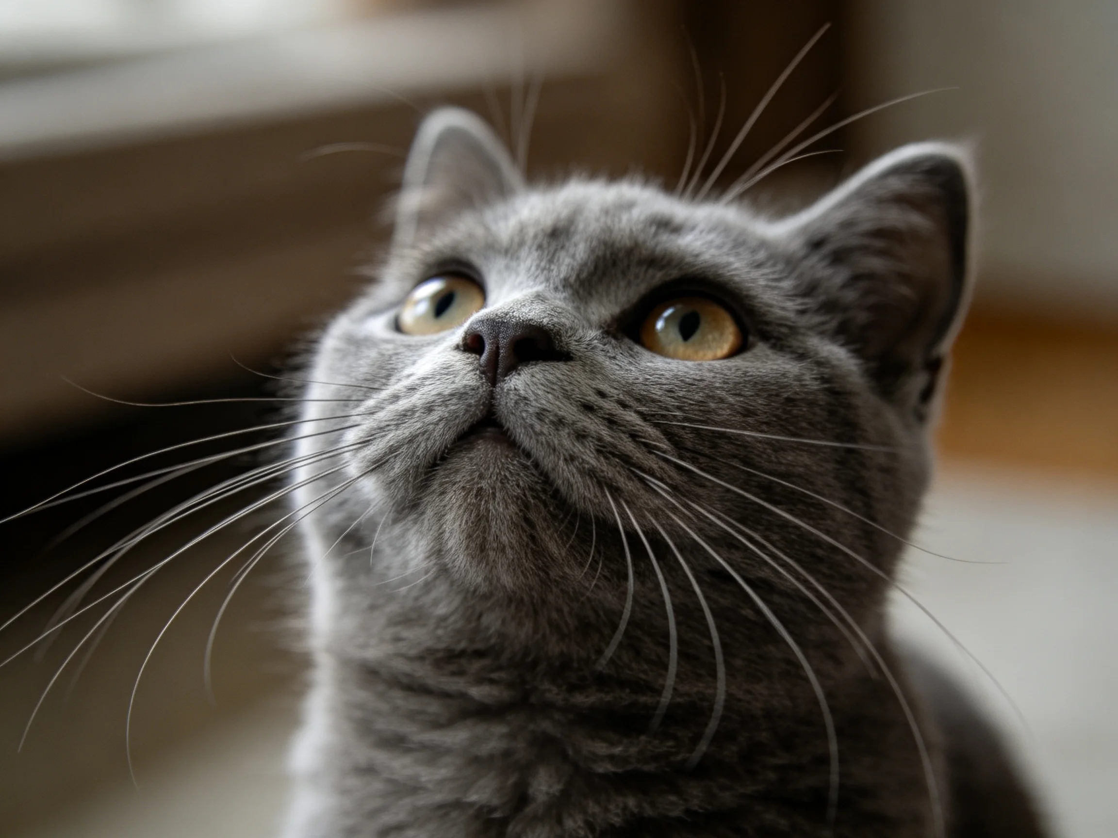 A gray cat with yellow eyes looks upward in a softly lit space.
