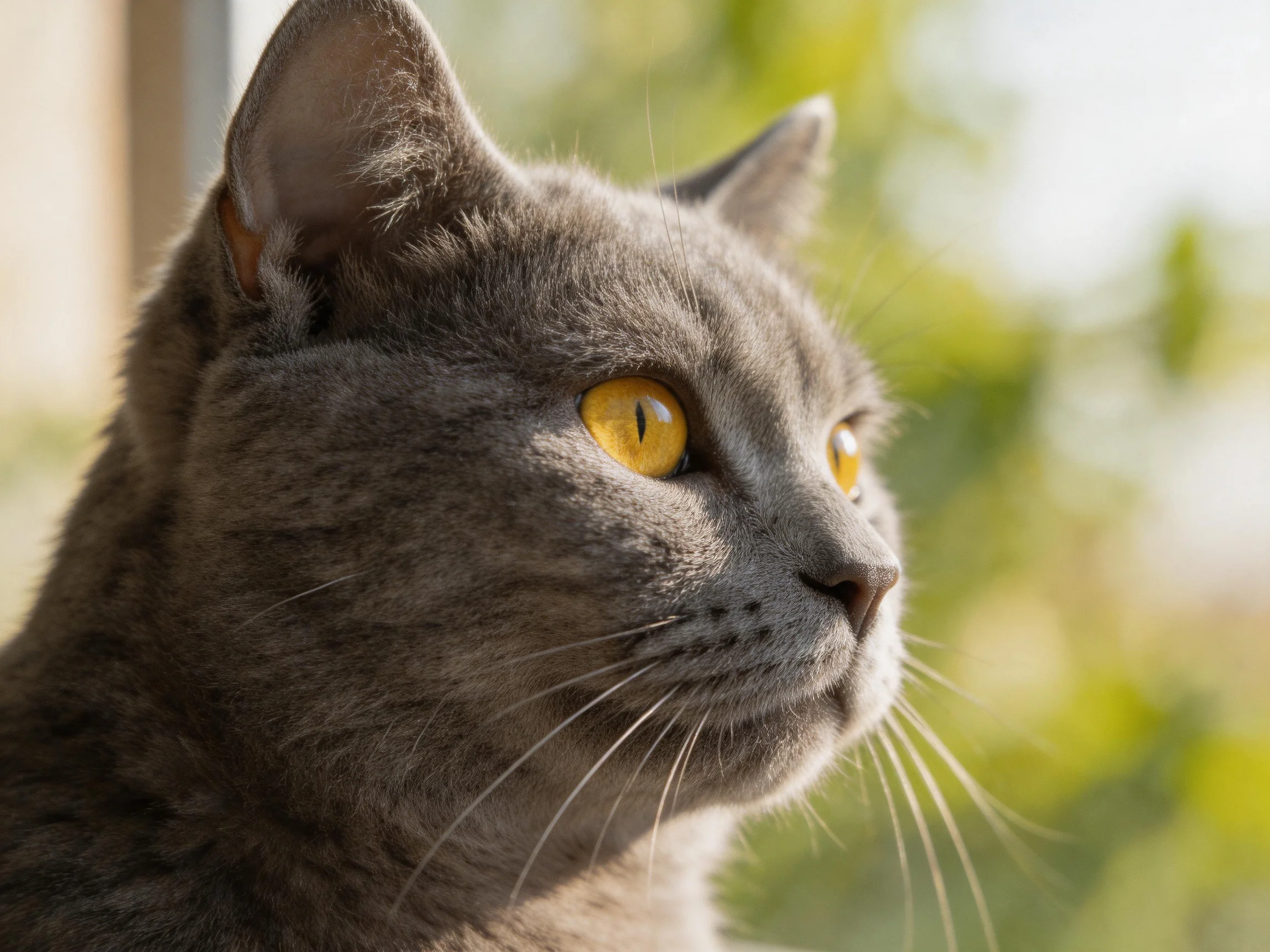 A gray cat with vivid yellow eyes gazes toward a sunlit, blurry green backdrop.