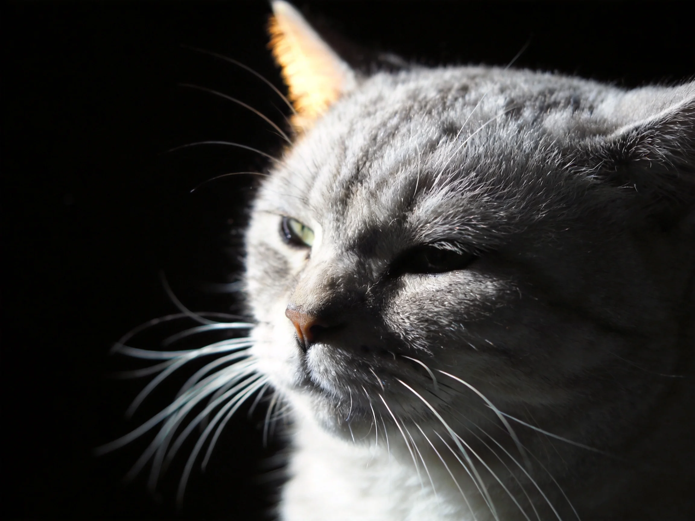 A close - up of a gray cat with dramatic lighting highlighting its features