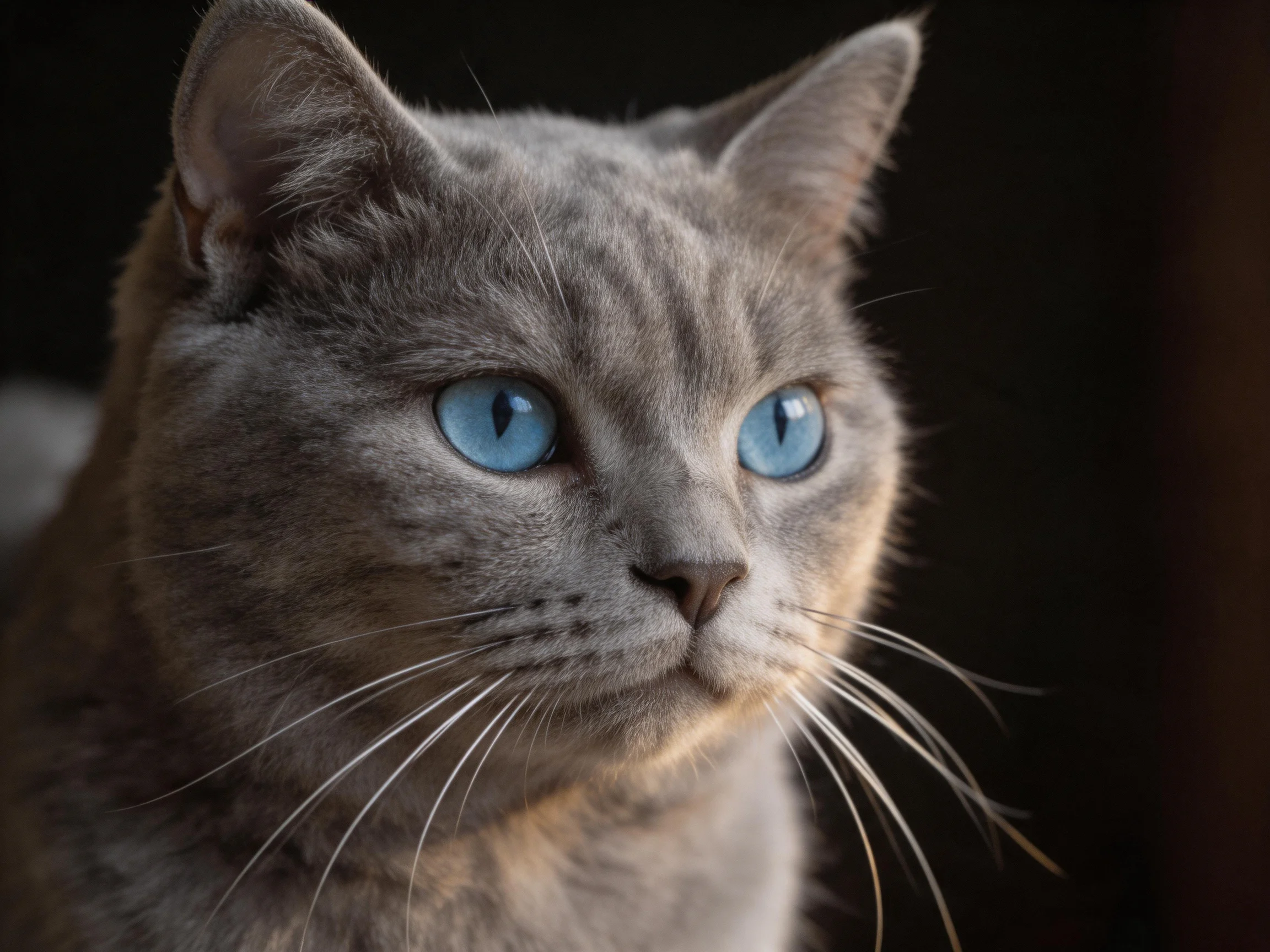 A gray cat with blue eyes is photographed closely in a dark environment.