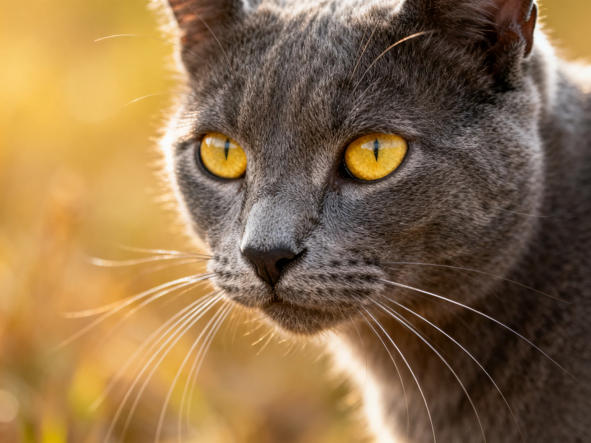 A close - up of a gray cat with vivid yellow eyes