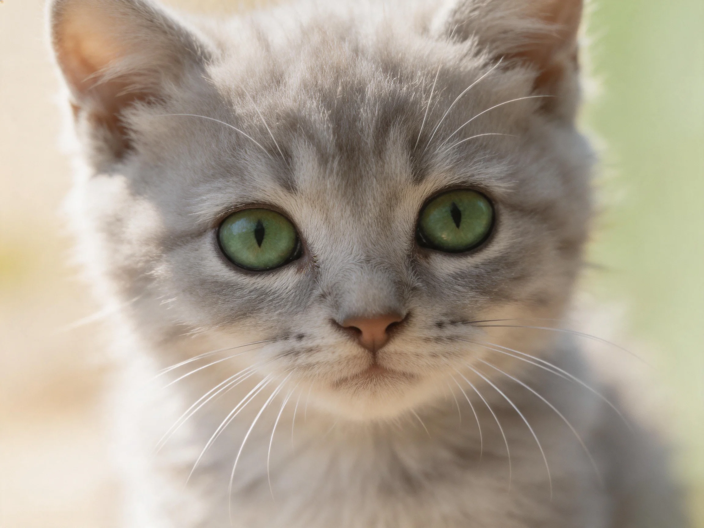 A gray kitten with bright green eyes is shown in a close - up photograph.