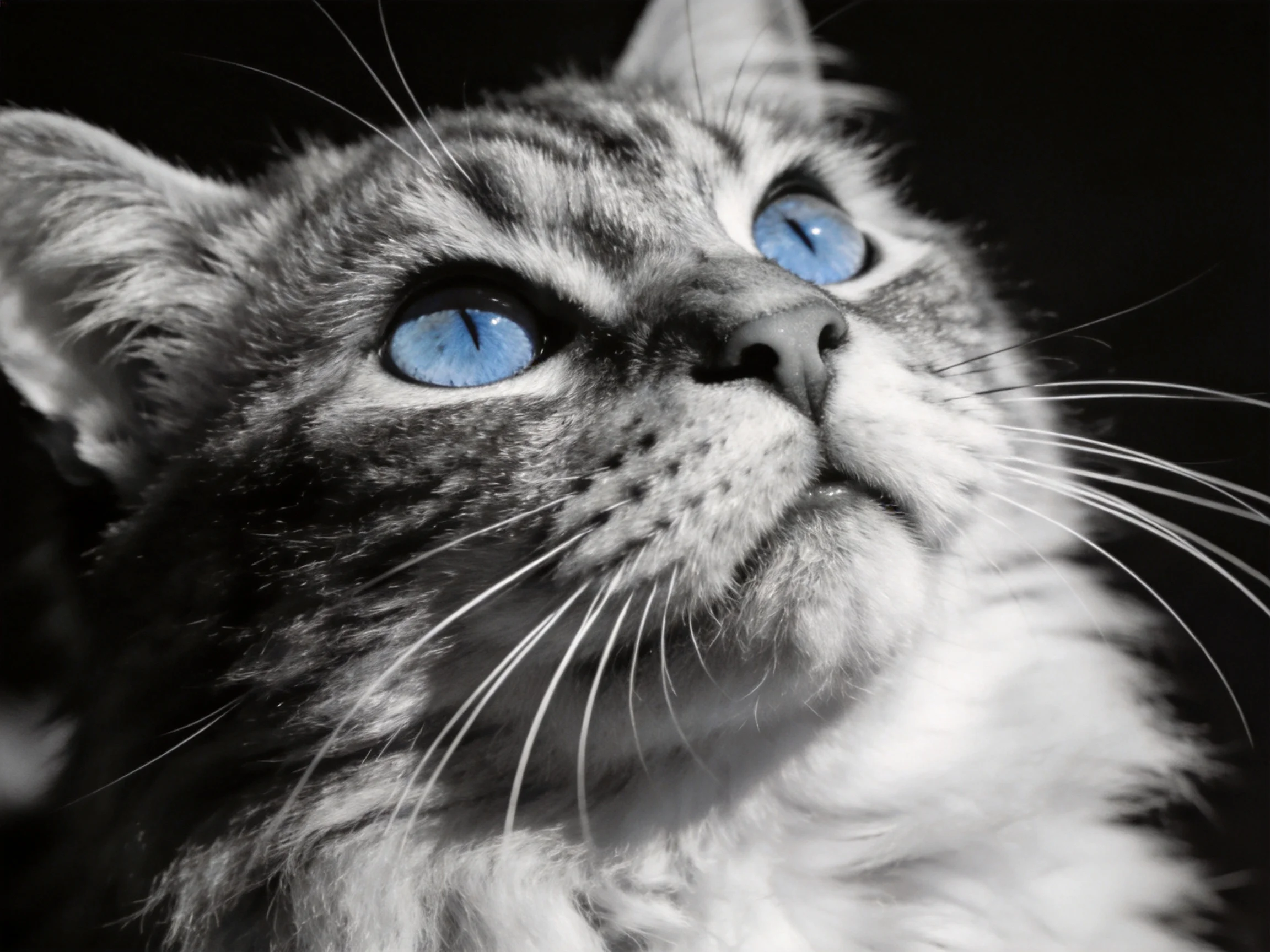 A close - up of a gray tabby cat with striking blue eyes
