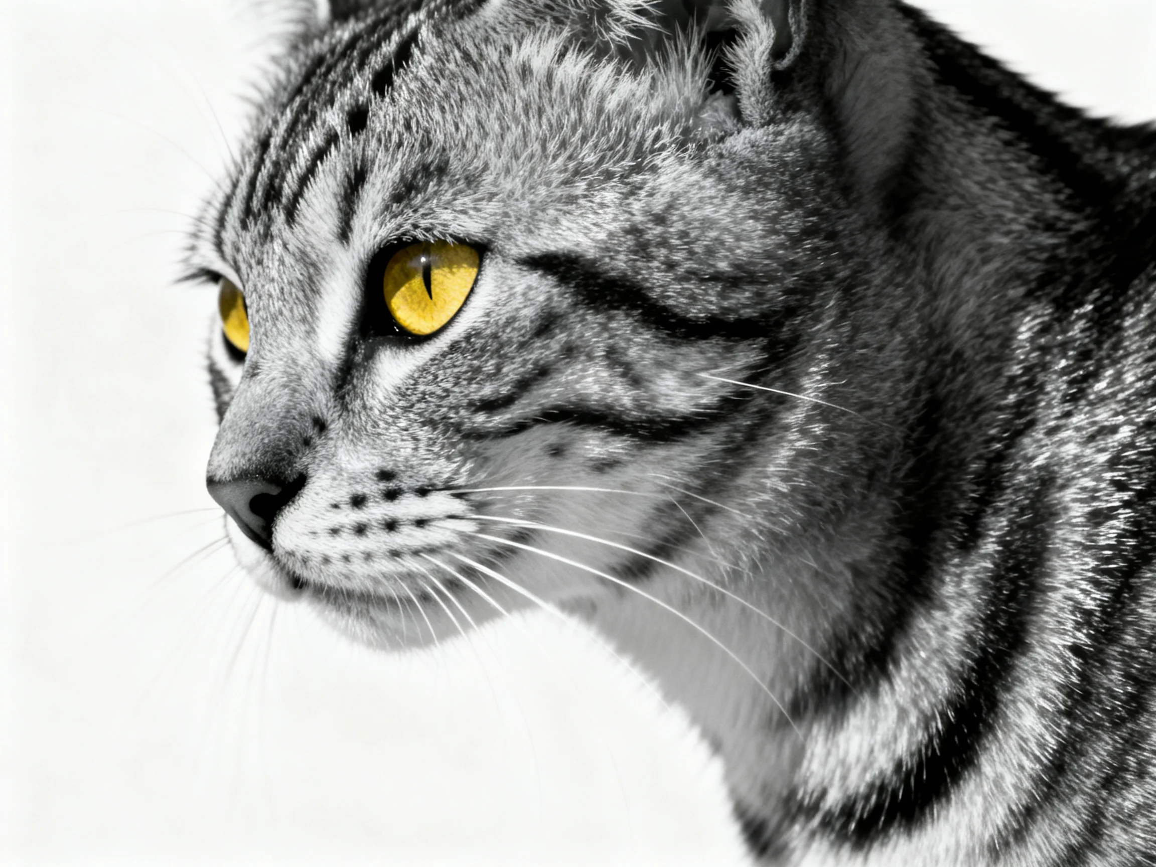 A gray tabby cat with vivid yellow eyes is featured in a close - up photograph.
