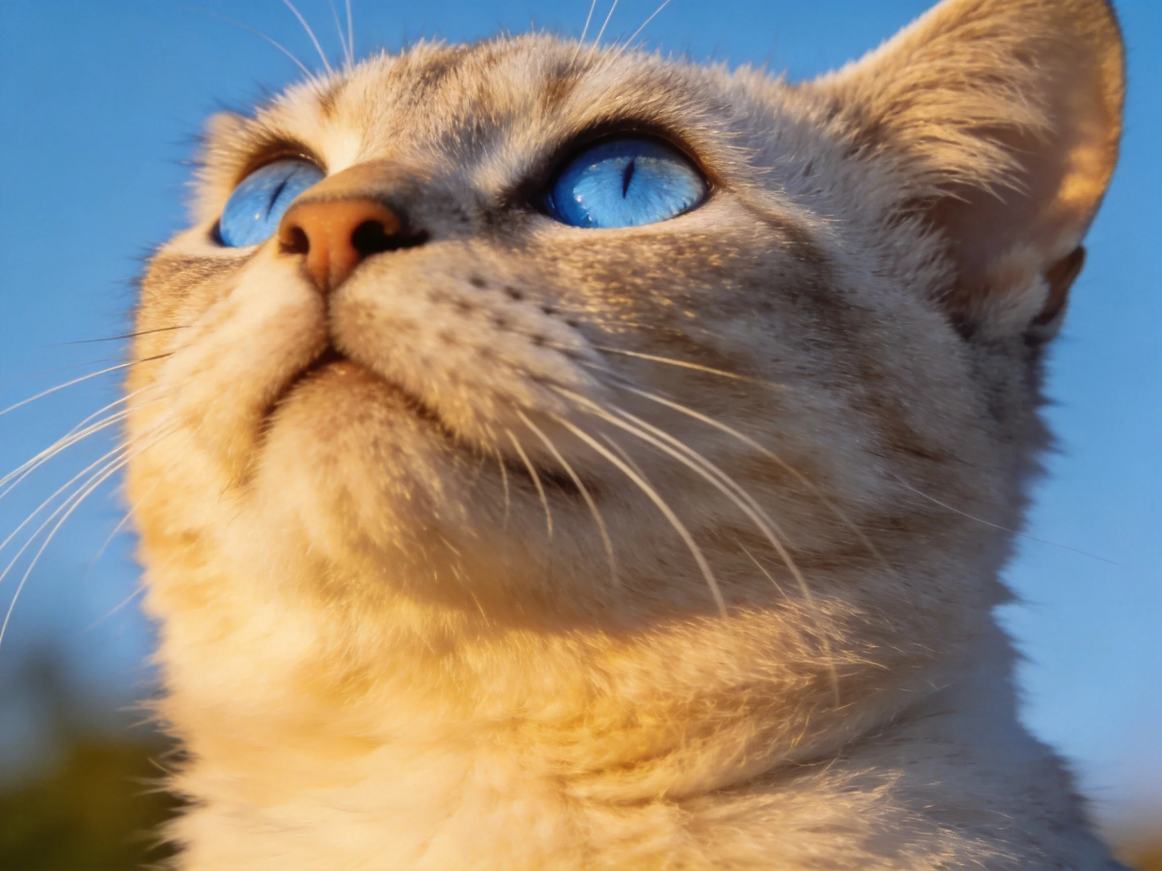A light - colored cat with bright blue eyes gazes upward against a clear blue sky.