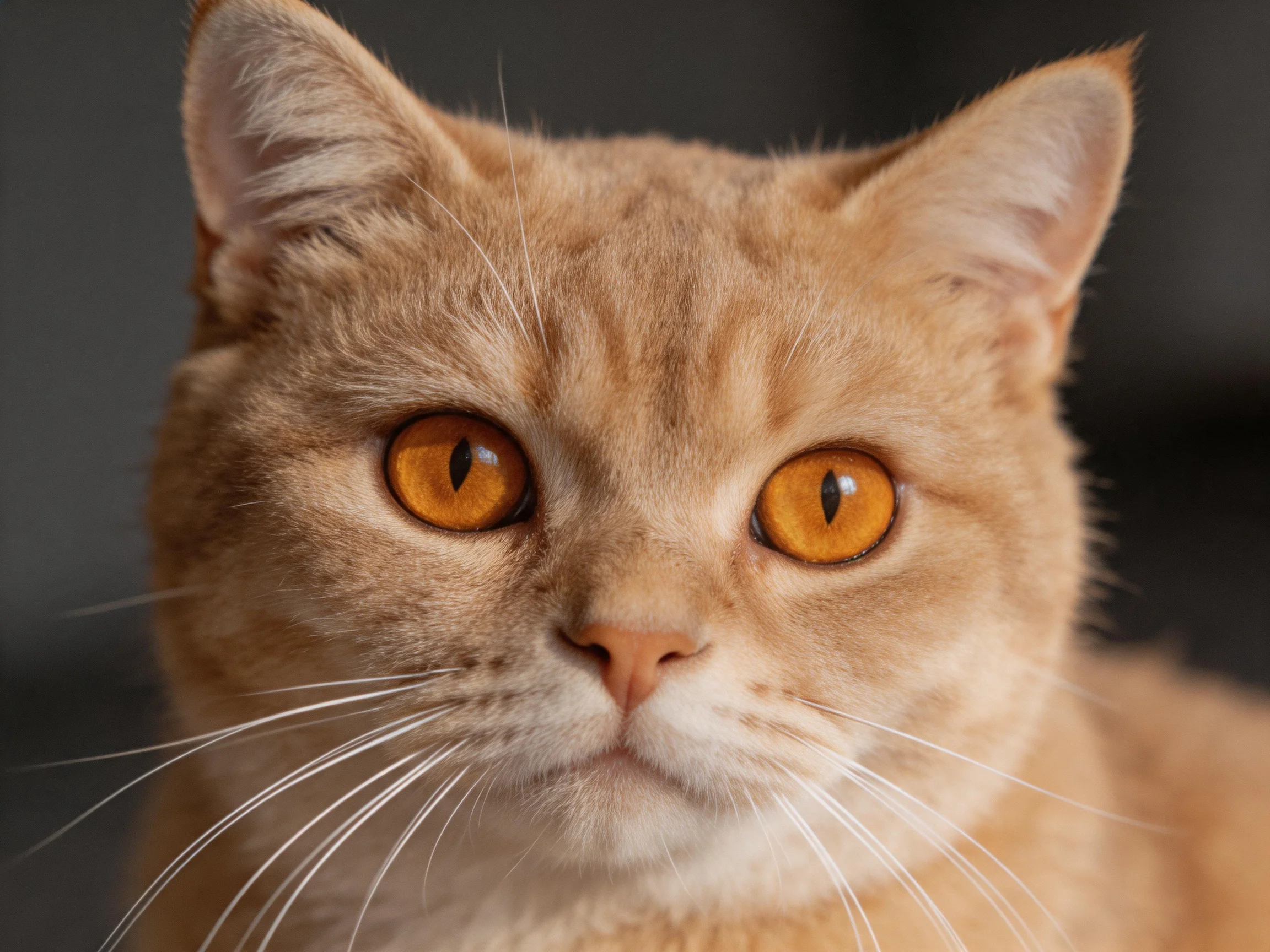 A light brown cat with bright amber eyes looks directly at the viewer.