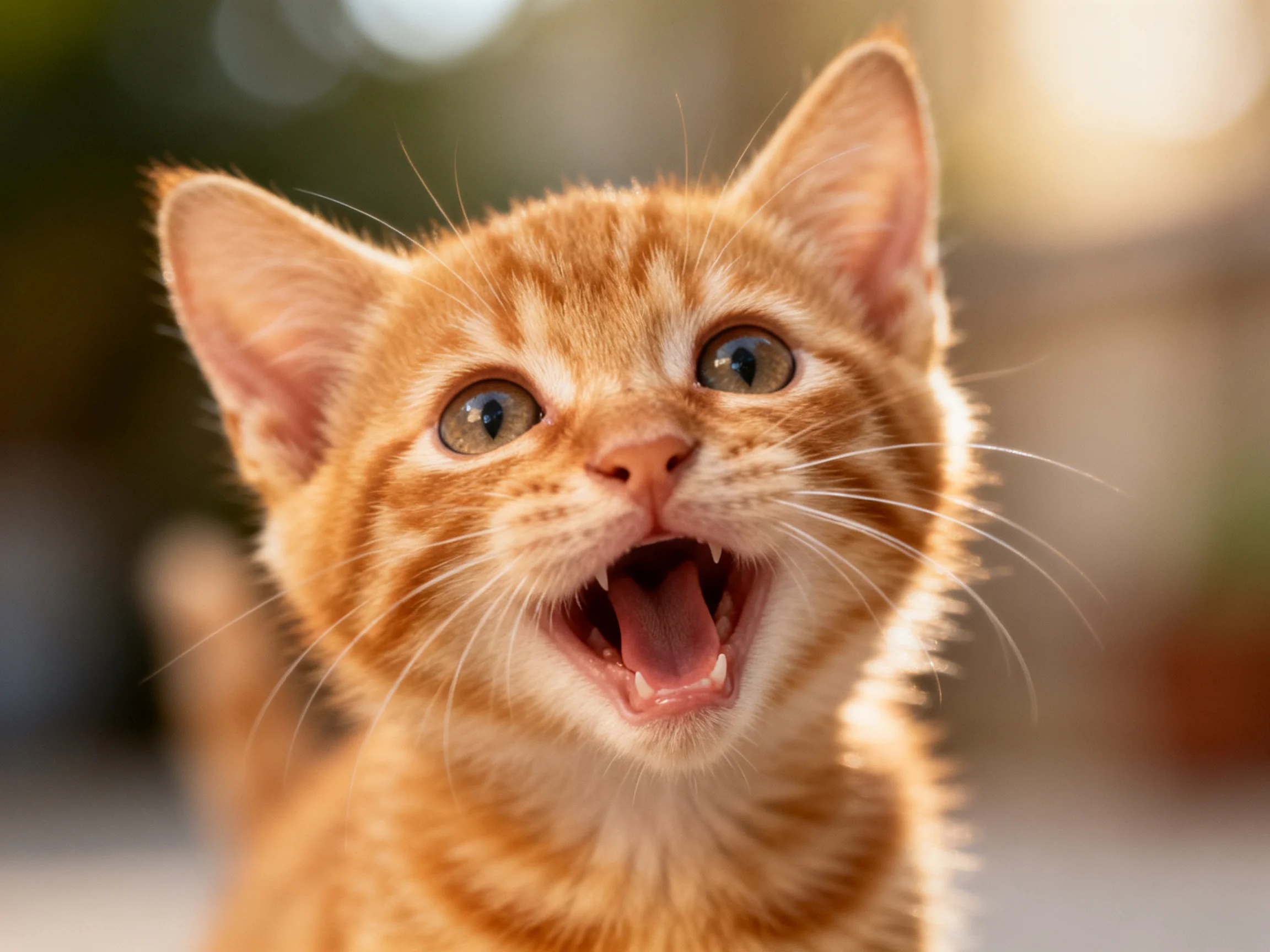 A close - up of a playful orange tabby kitten with mouth open