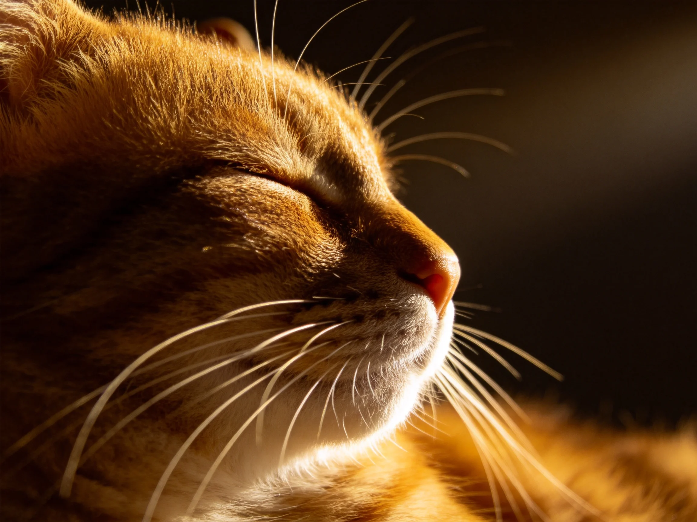A serene orange tabby cat closes its eyes in a warmly lit setting.