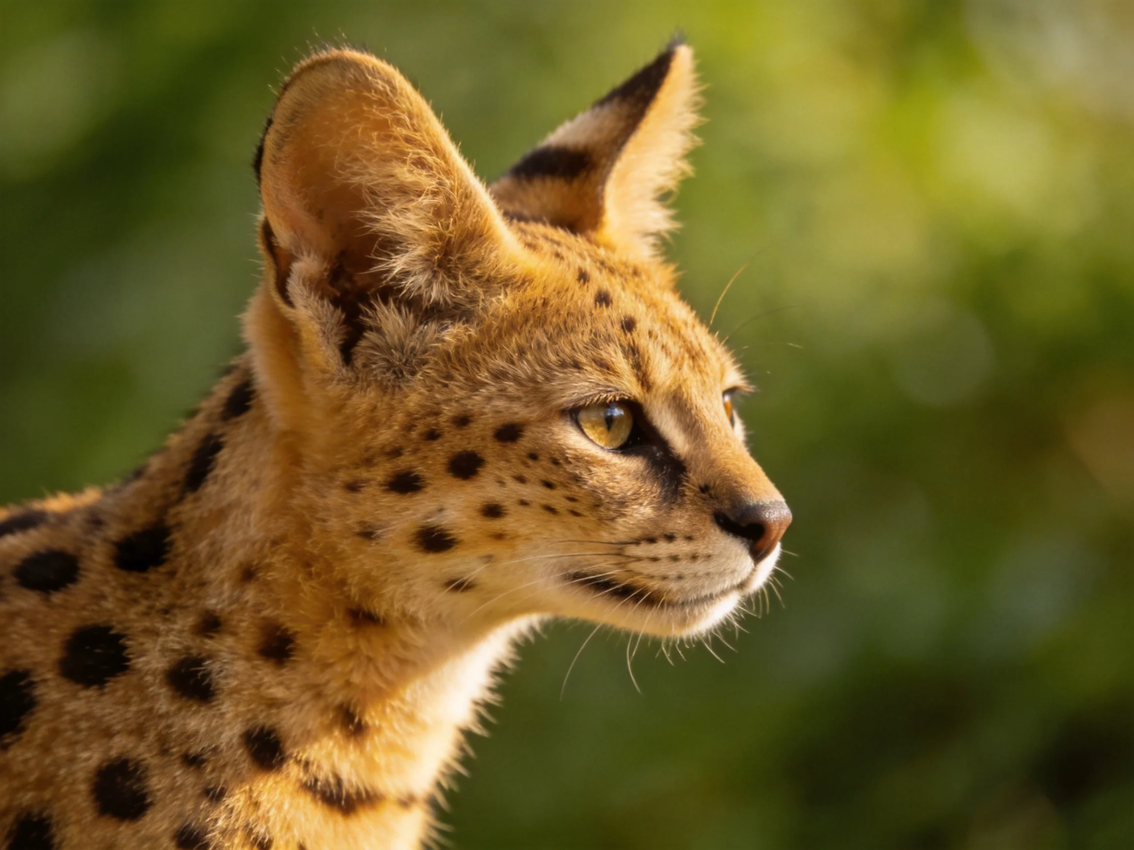 A close - up of a serval cat with golden fur and black spots