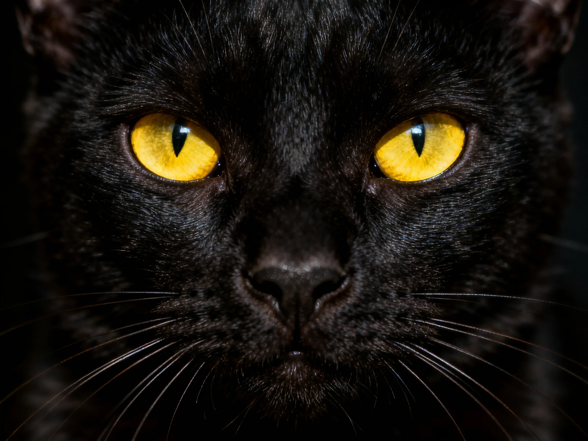 A sleek black cat stares directly at the viewer with bright yellow eyes.