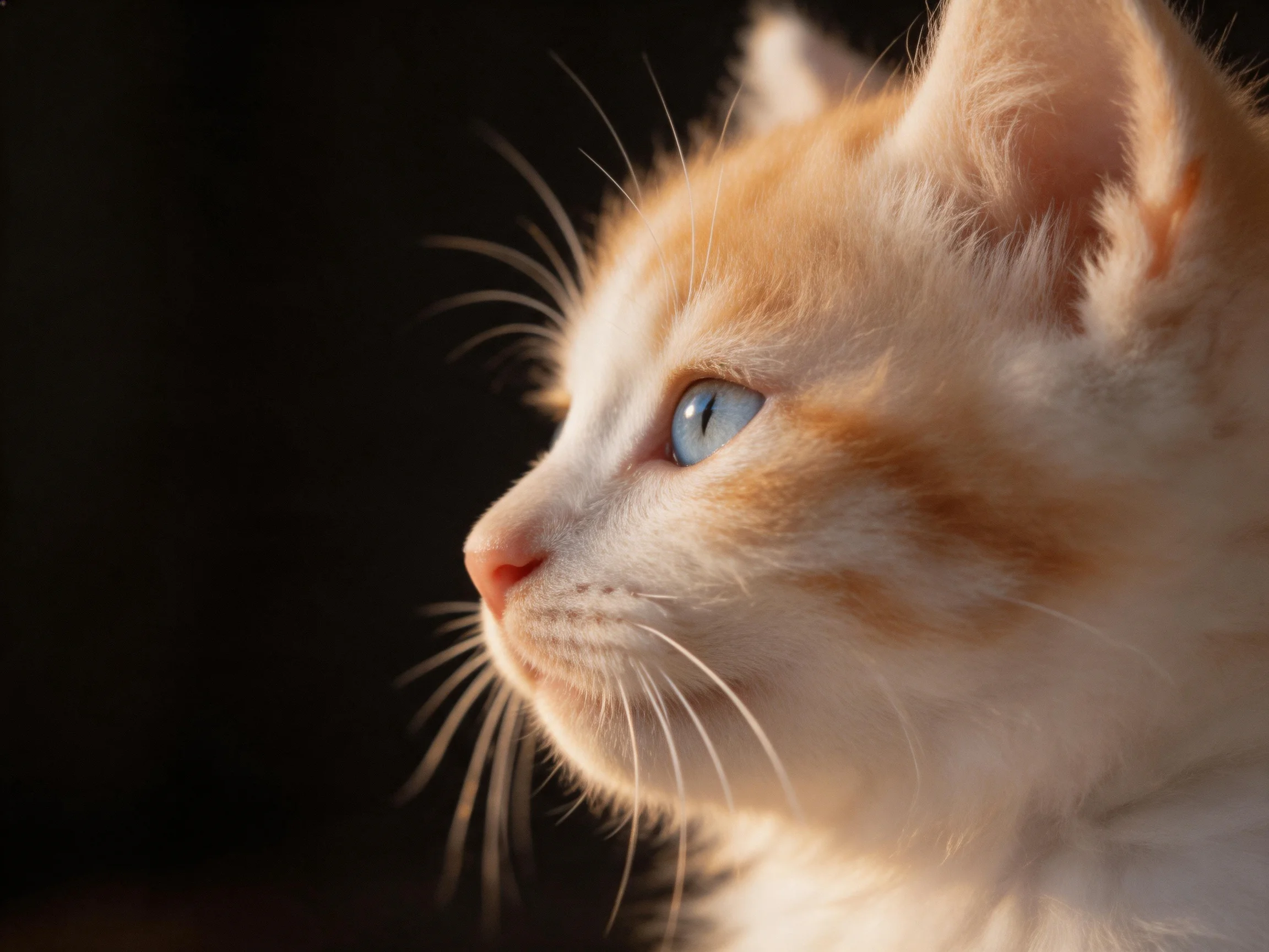 A small orange and white kitten gazes intently against a dark background.