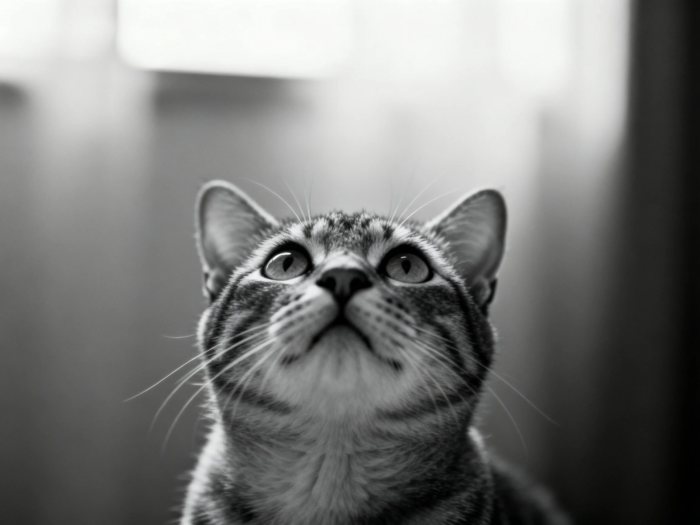 A striped tabby cat gazes upward in a monochrome setting.
