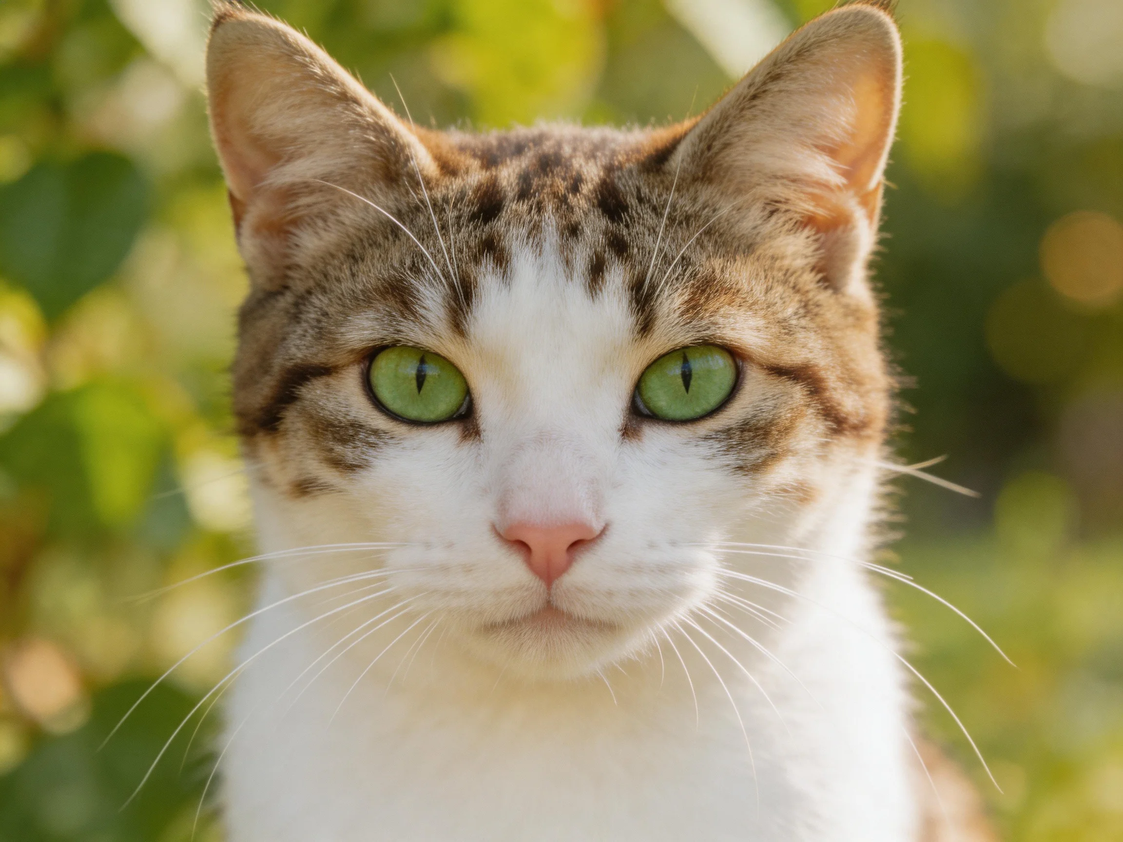 A tabby - and - white cat with bright green eyes is photographed closely.