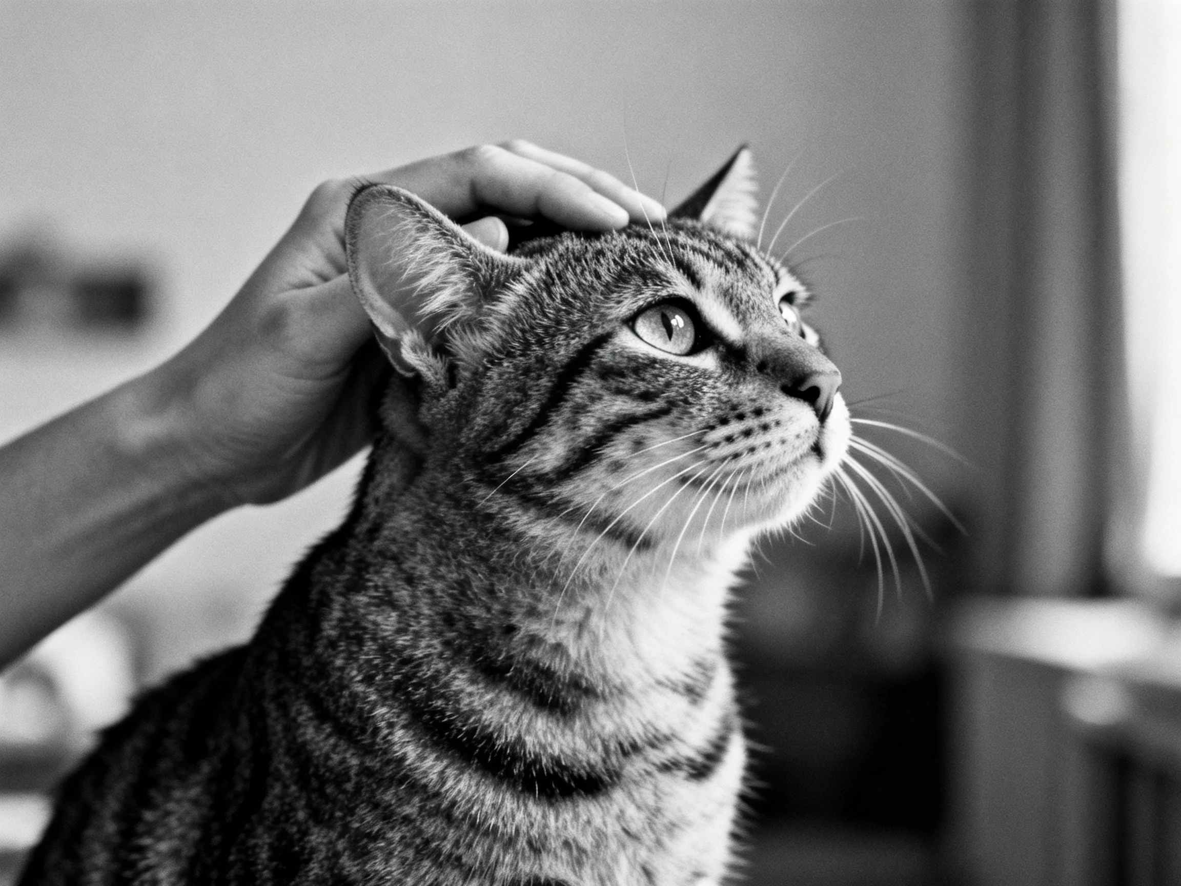 A close - up of a tabby cat getting head - petted in a softly lit room