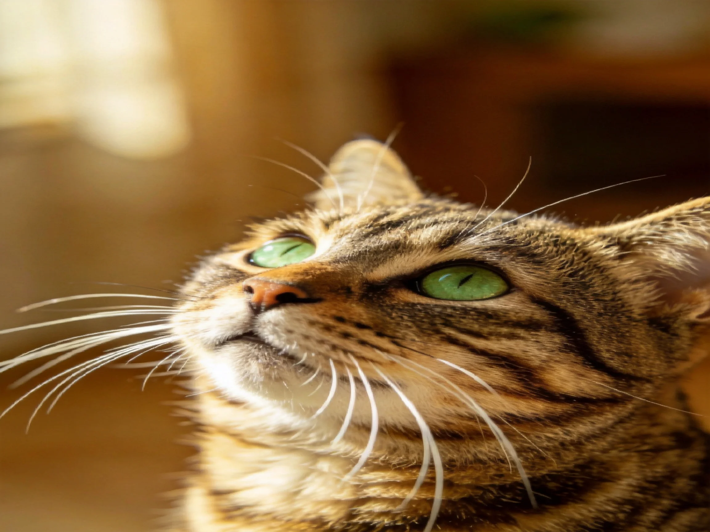 A tabby cat looks upward with vibrant green eyes.