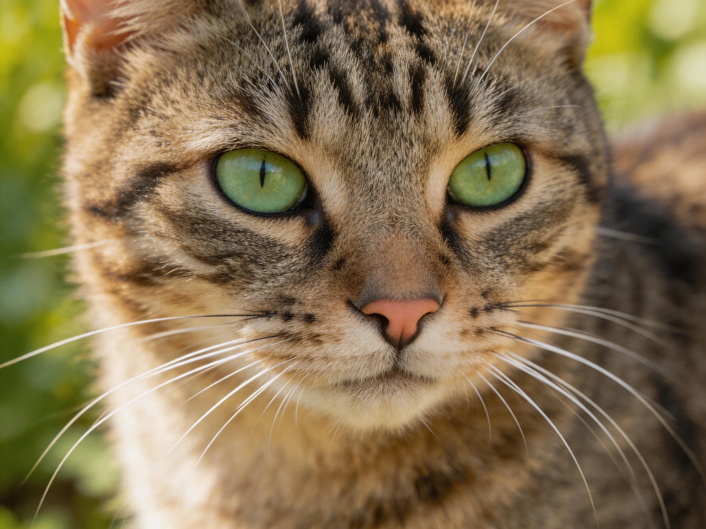 A close - up reveals a tabby cat with striking green eyes.