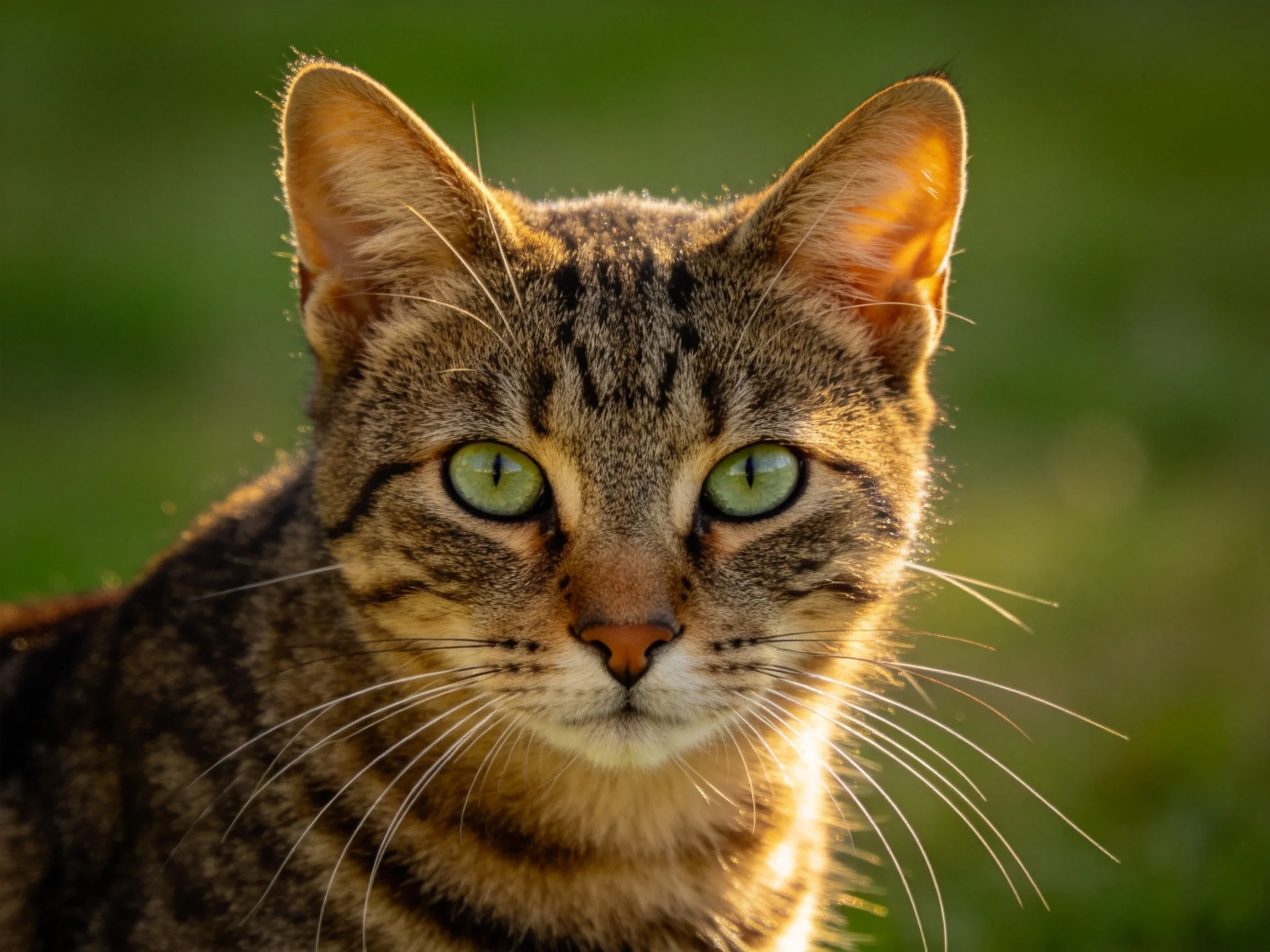 A close - up of a tabby cat with bright green eyes is shown against a blurred green backdrop.
