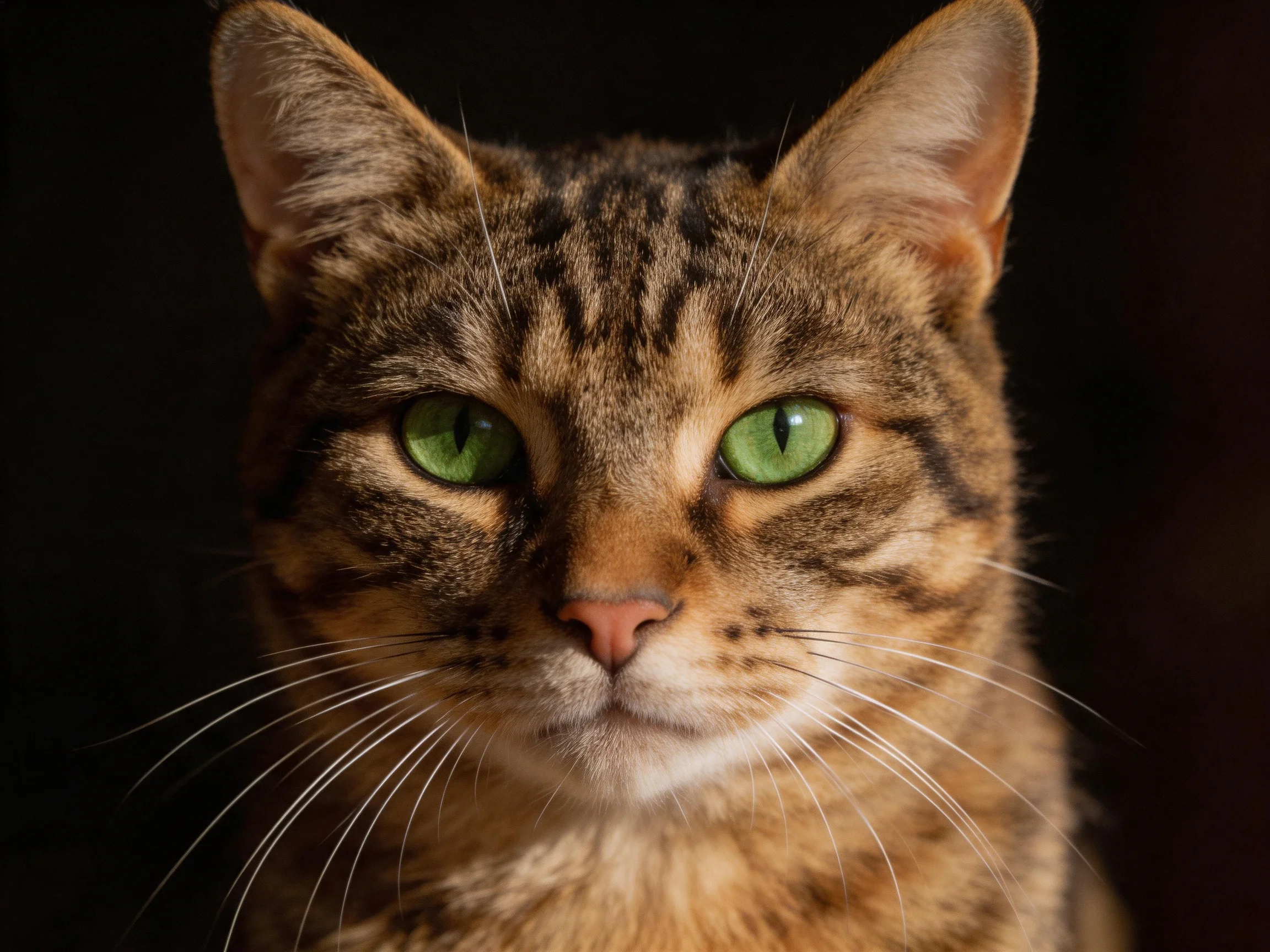 A tabby cat with striking green eyes is shown up close against a dark background.