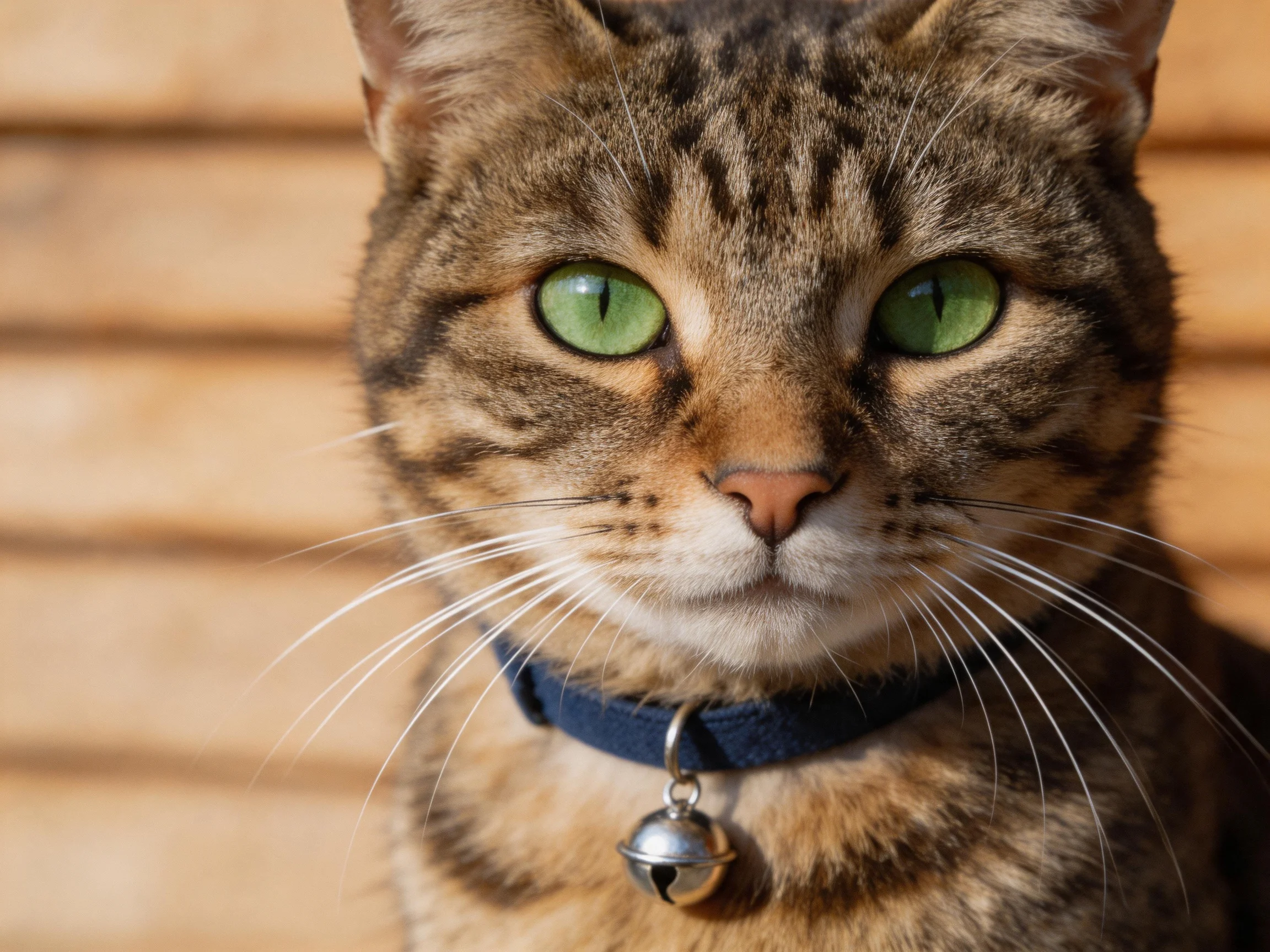 A tabby cat with green eyes wears a blue collar near a wooden structure