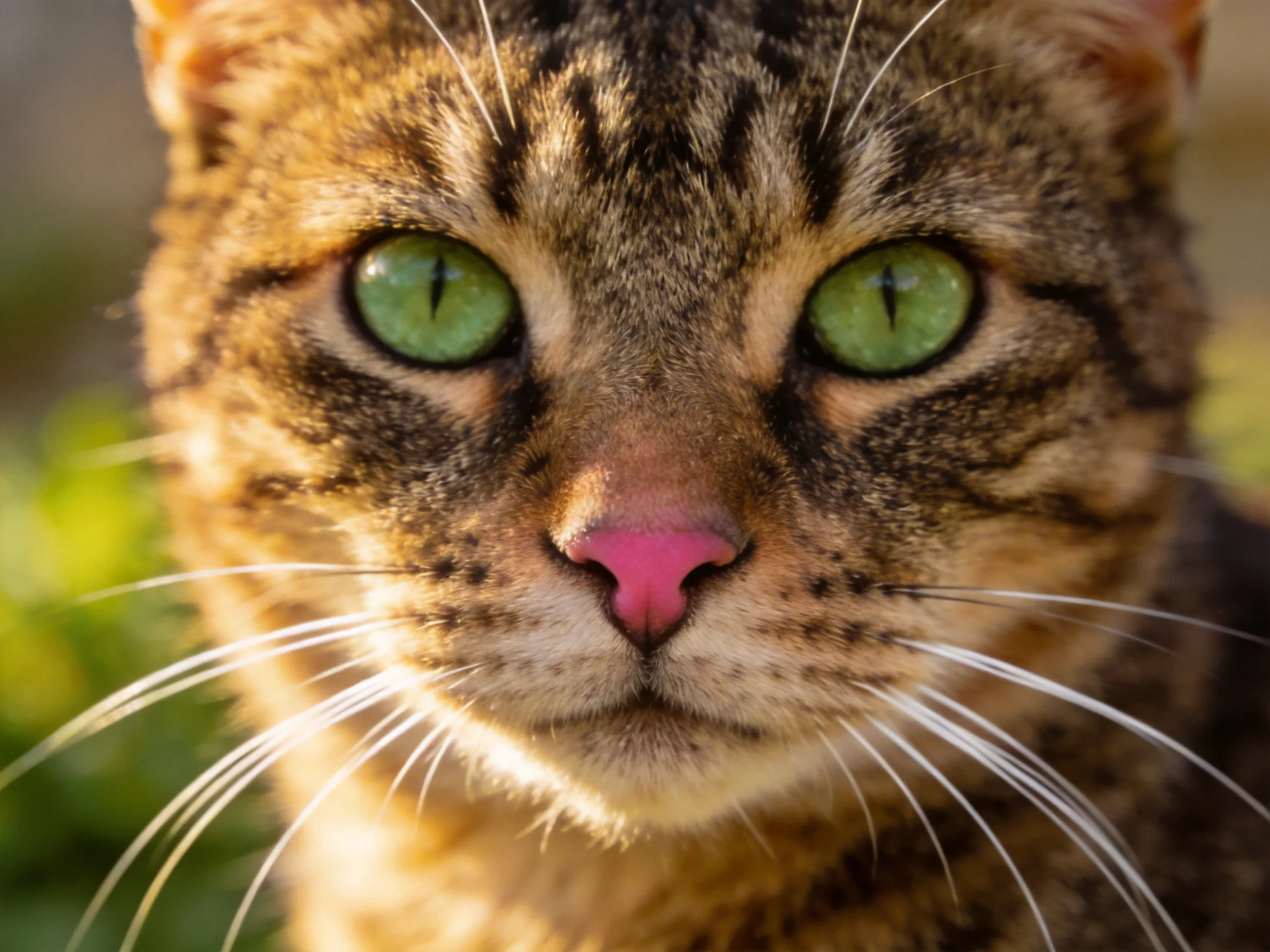 A tabby cat with striking green eyes is shown in a close - up portrait.