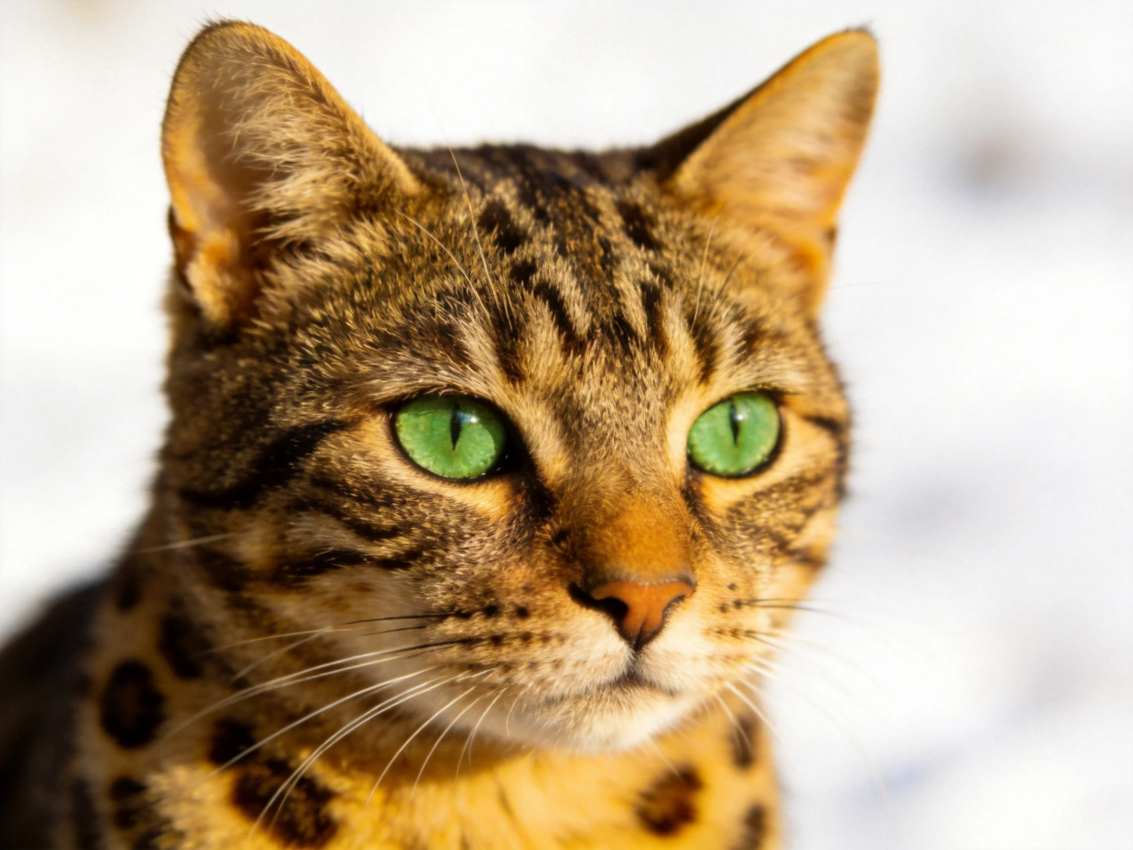A tabby cat with vivid green eyes is photographed closely