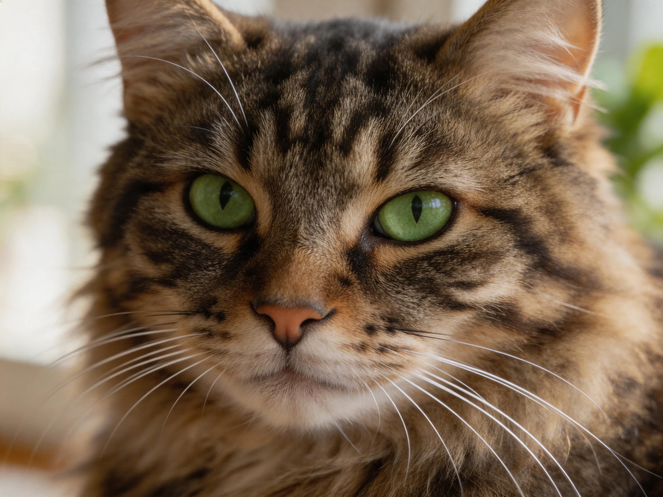 A tabby cat with bright green eyes is shown in a close - up photograph.