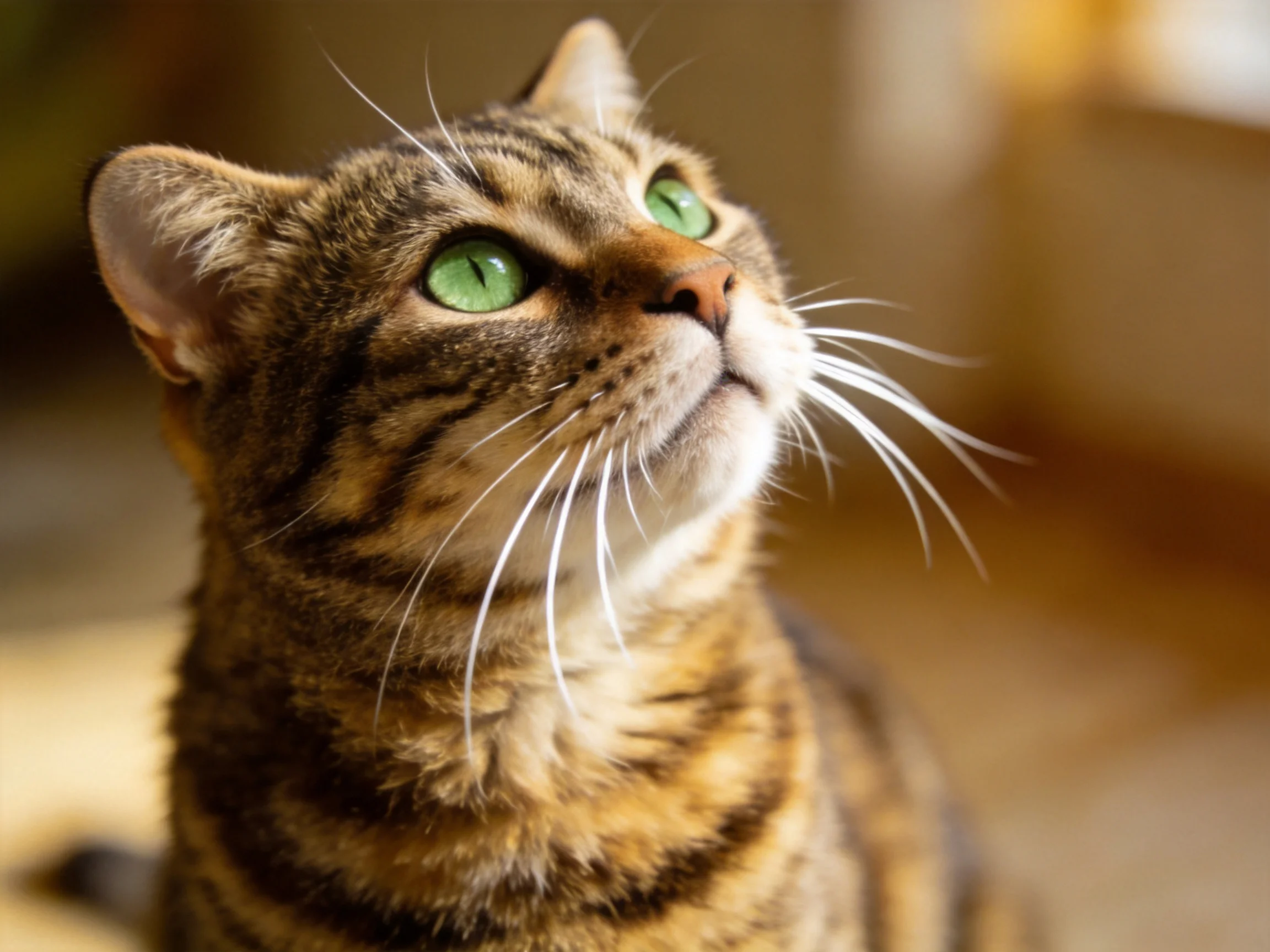 A tabby cat with bright green eyes looks upward in a softly lit room.