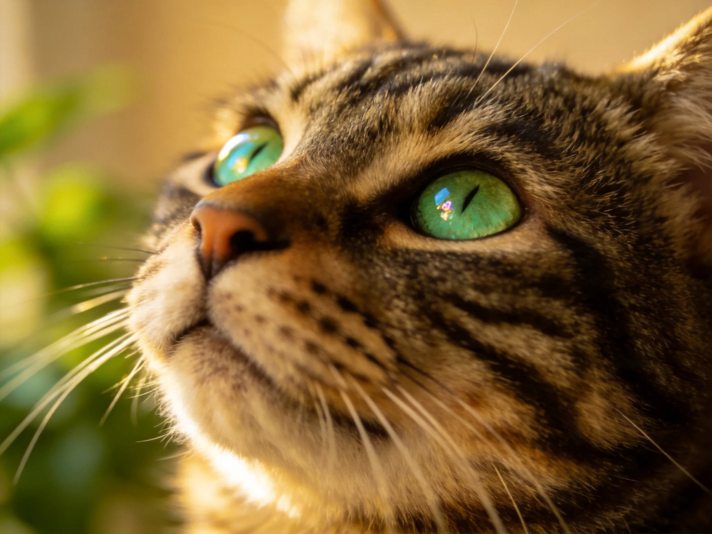 A tabby cat with vivid green eyes looks upward in soft natural light