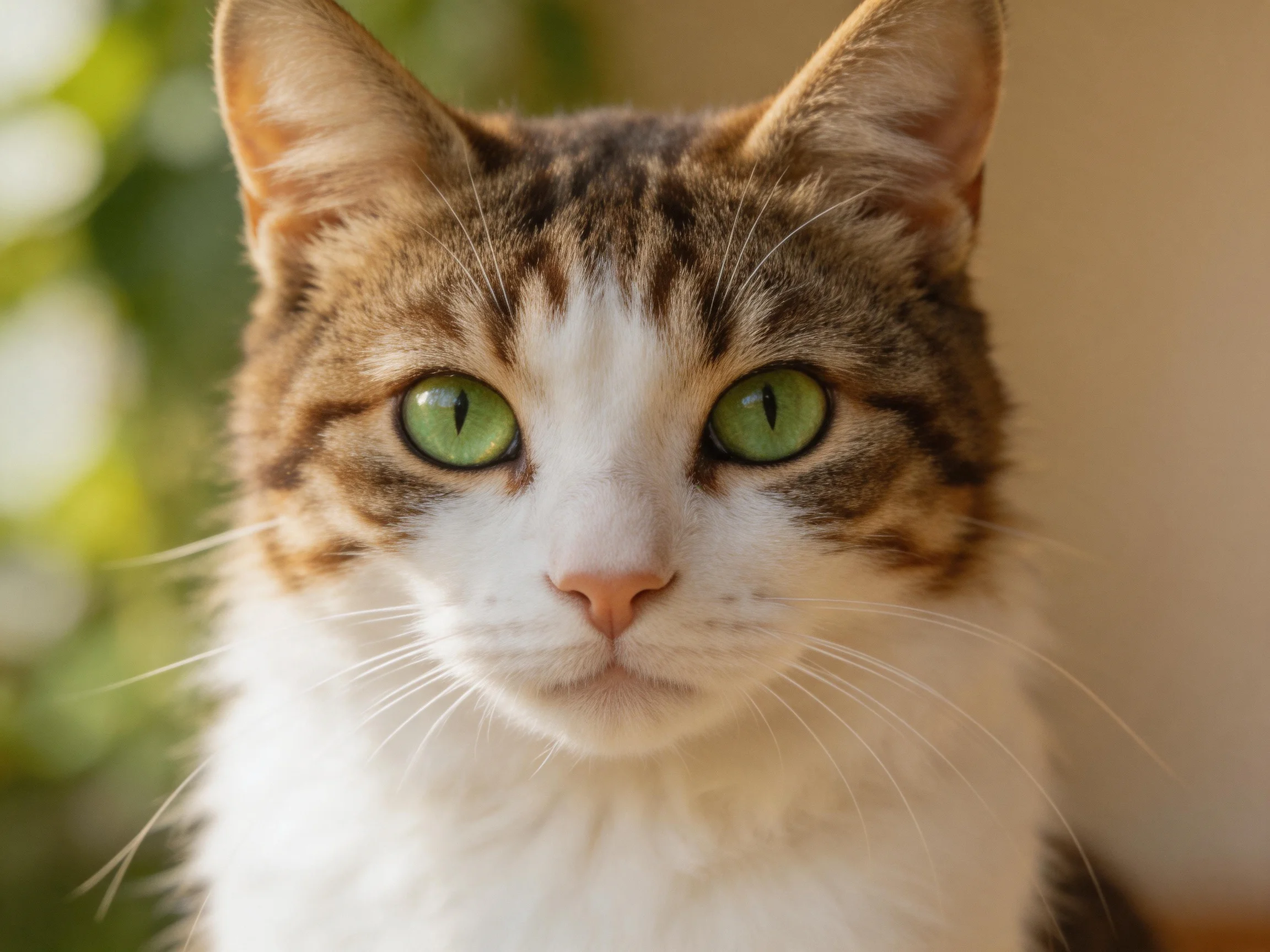 A tabby cat with green eyes and white fur is photographed closely.