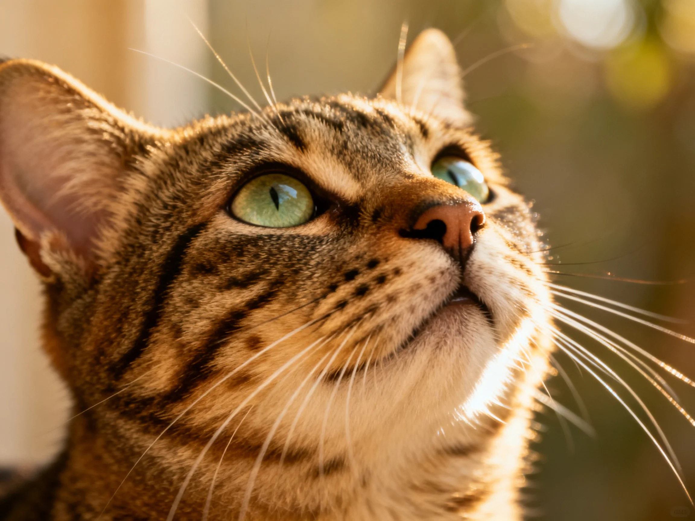 Tabby cat with green eyes looks upward in soft, warm light