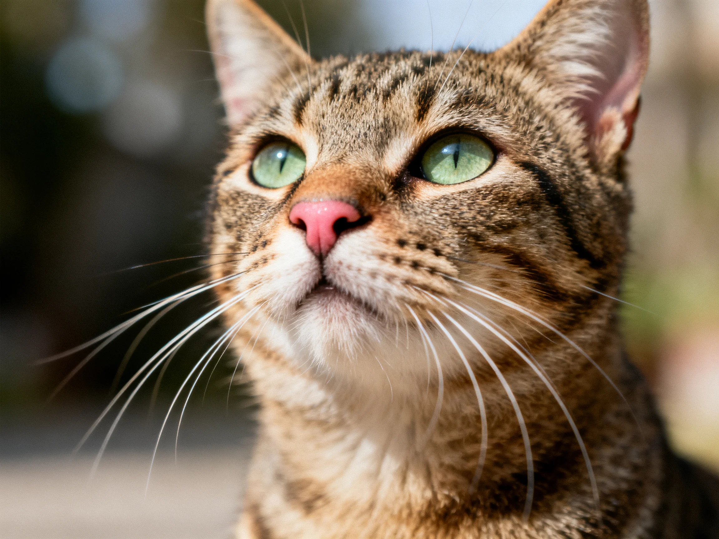 A tabby cat with bright green eyes is photographed up close.