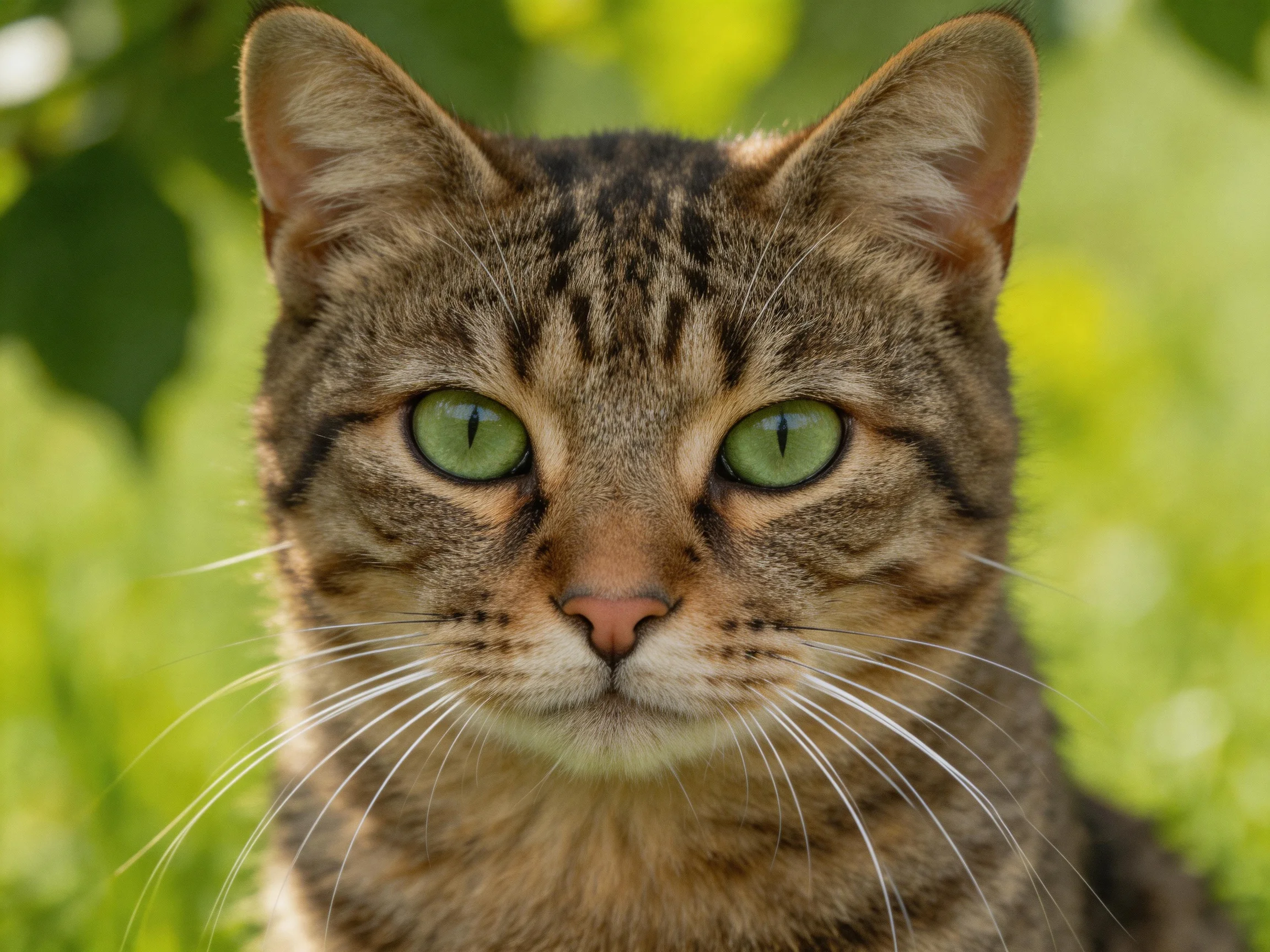 A close - up shows a tabby cat with bright green eyes in a sunlit garden.