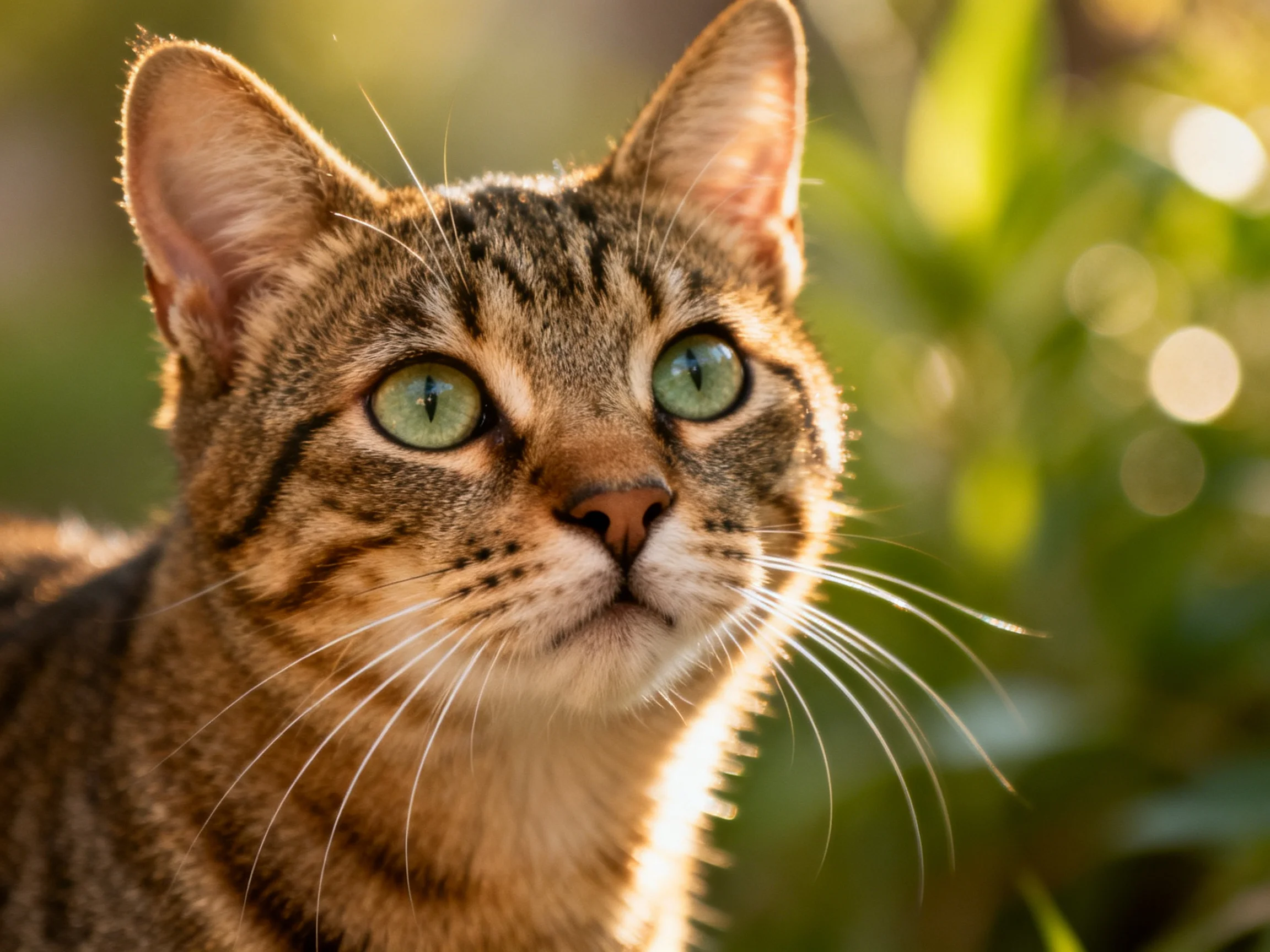 A tabby cat with bright green eyes gazes forward in a sunlit outdoor setting.