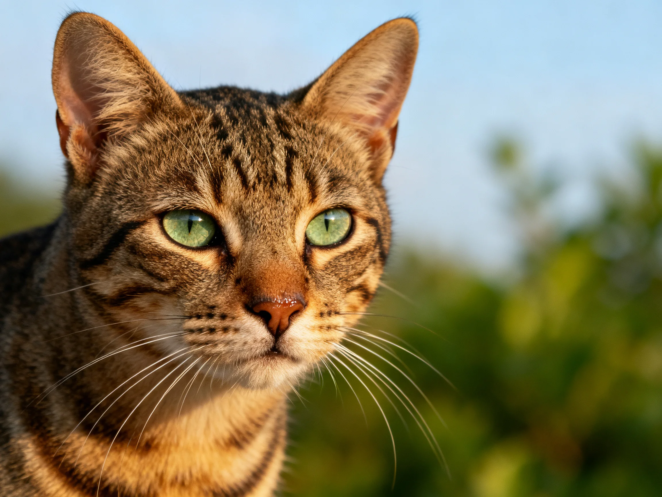 A close - up shows a tabby cat with green eyes against a blurred natural backdrop.