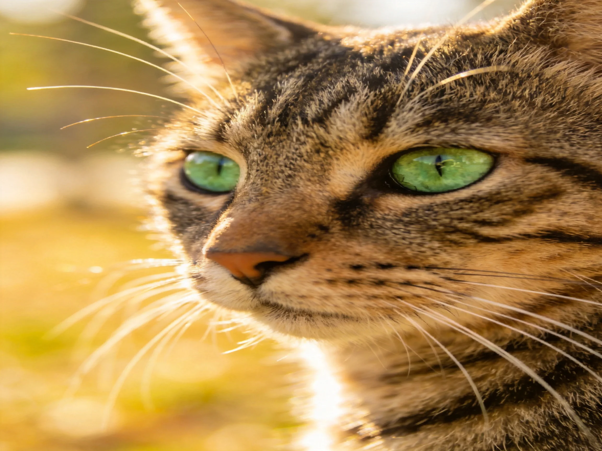 A close - up of a tabby cat with bright green eyes in a sunlit setting.