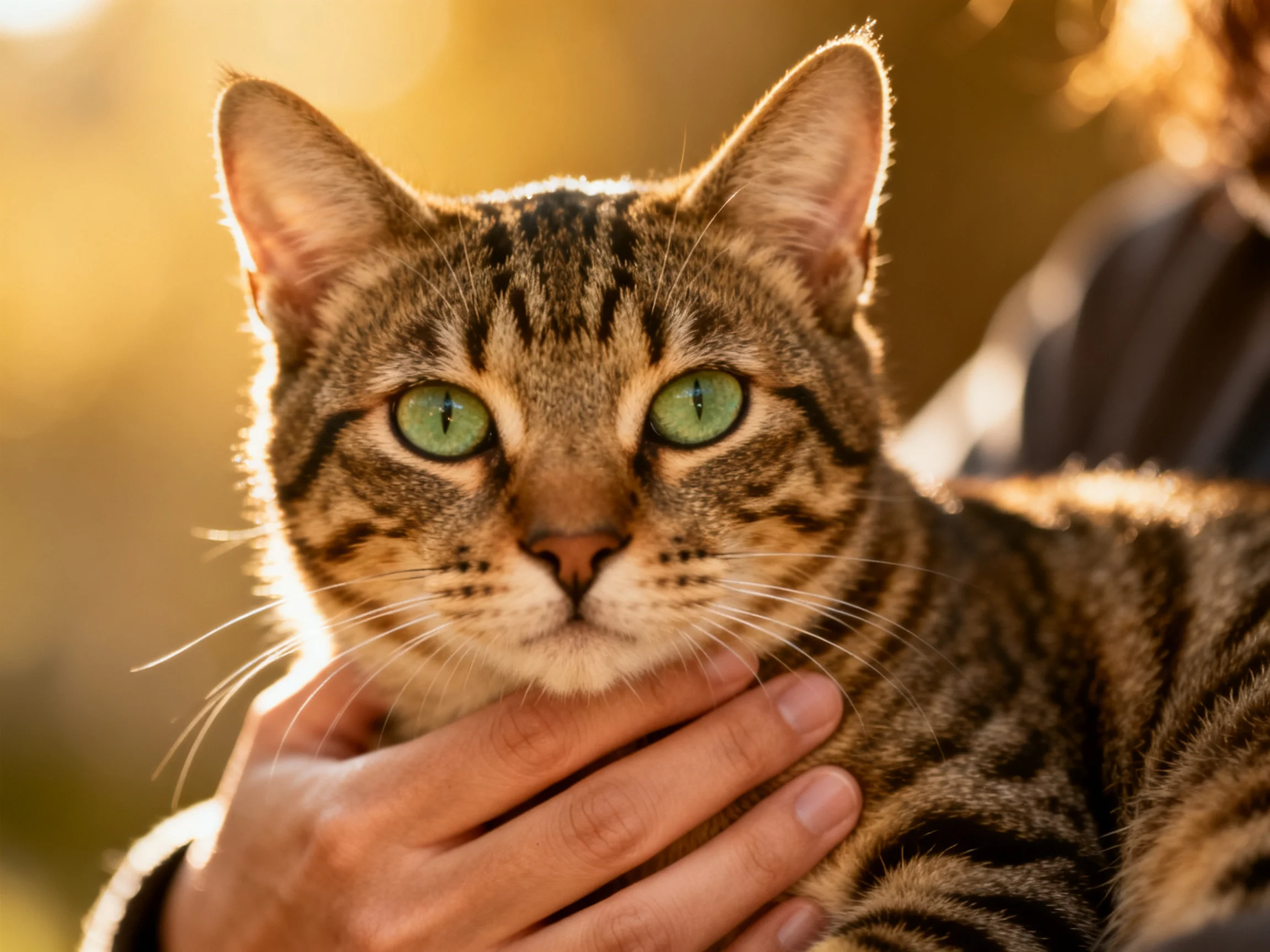 A person holds a tabby cat with bright green eyes against a sunlit background.