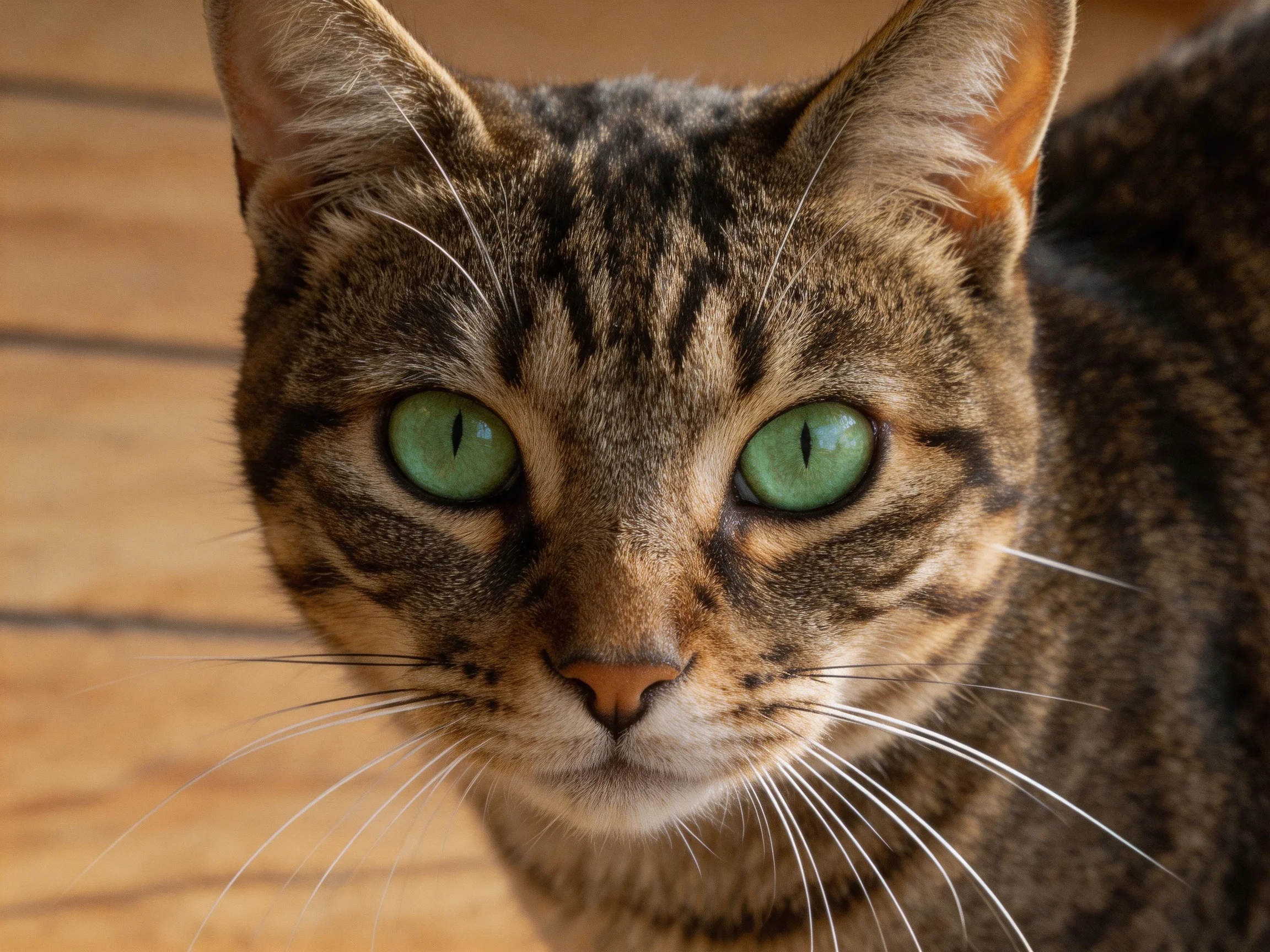 A tabby cat with striking green eyes is shown up close on wooden flooring.