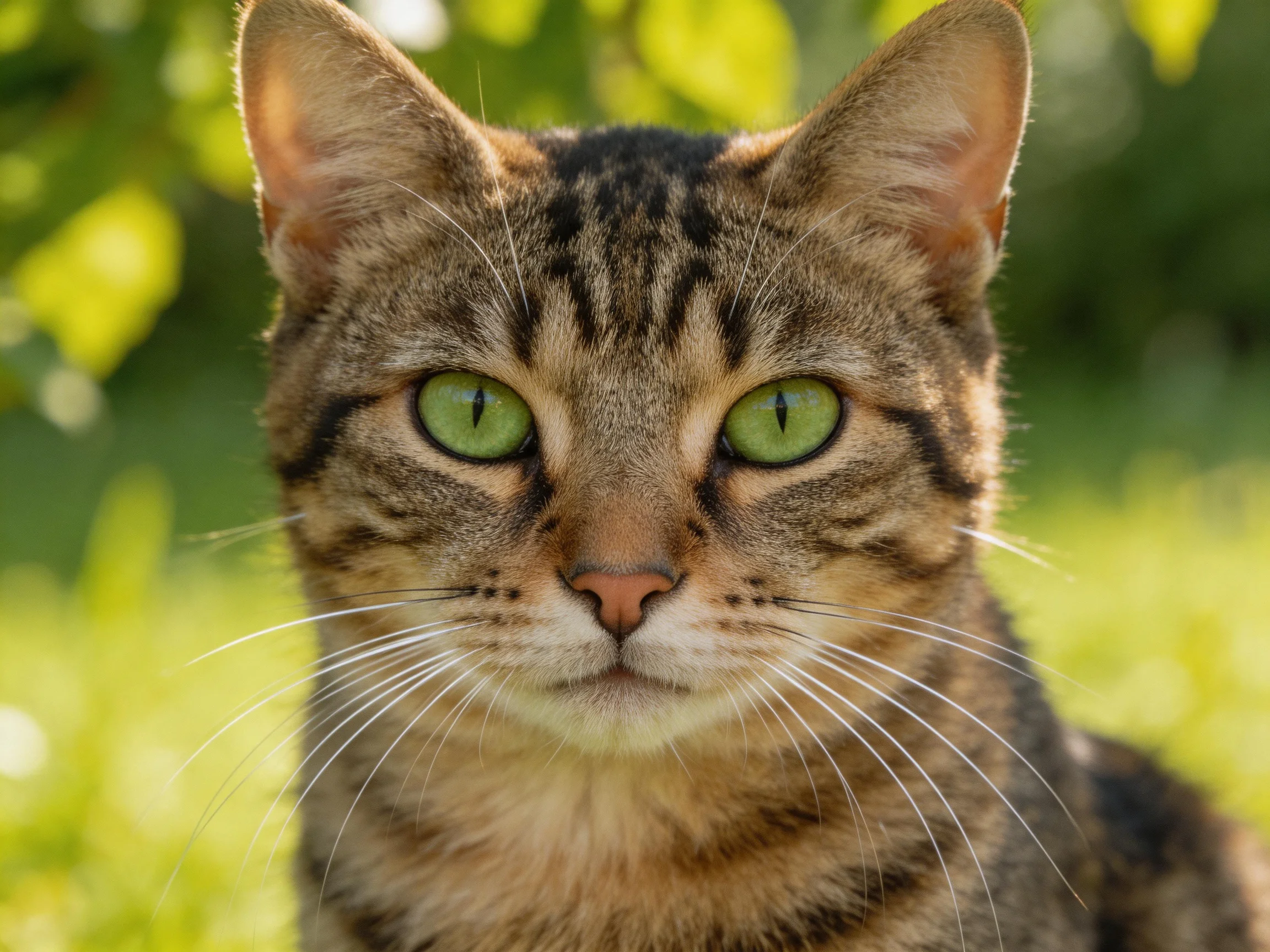 A tabby cat with bright green eyes is shown up close in a sunlit outdoor setting.