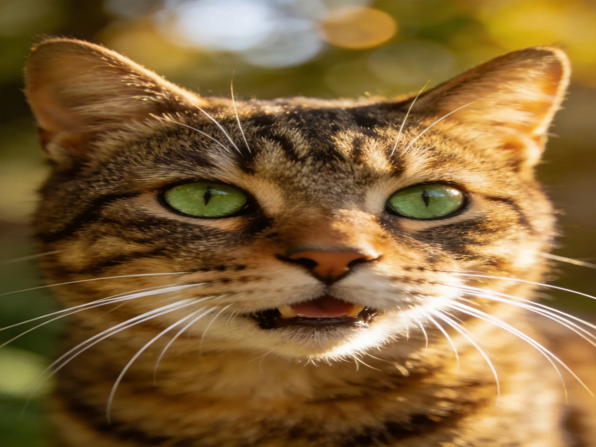 A tabby cat with bright green eyes is shown up close in an outdoor setting.