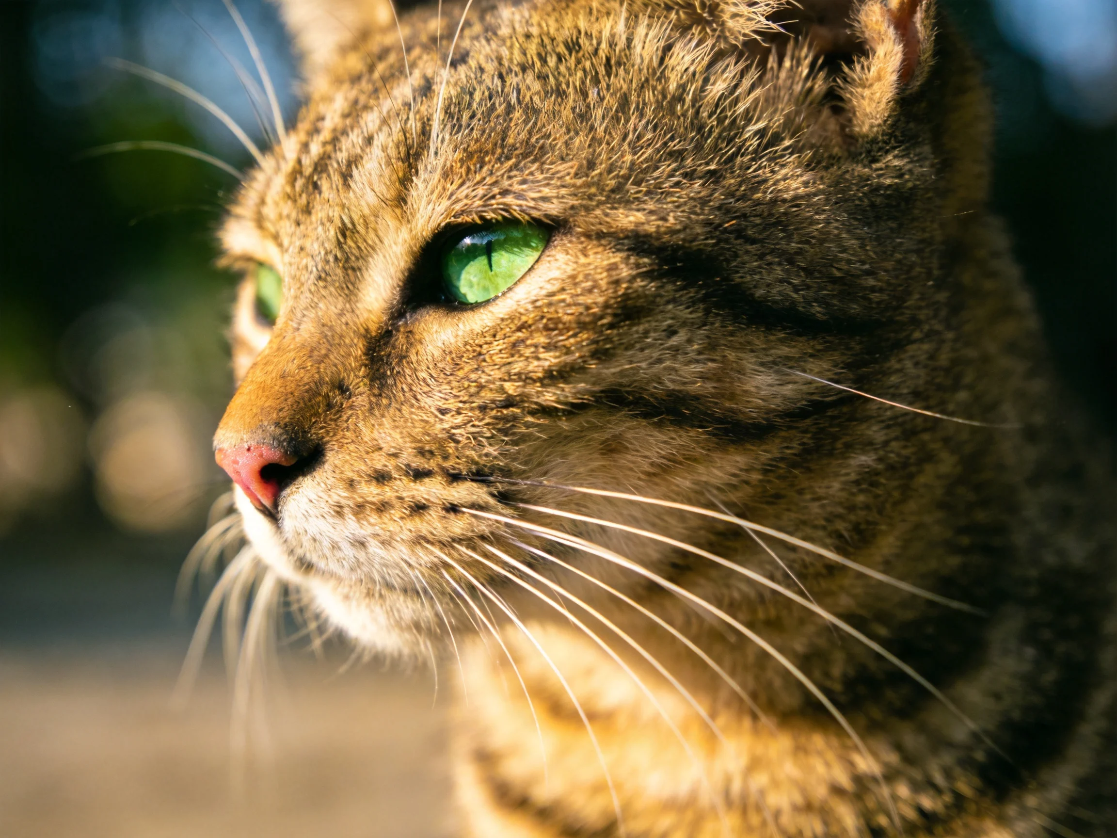 A close - up of a tabby cat with green eyes in soft sunlight.
