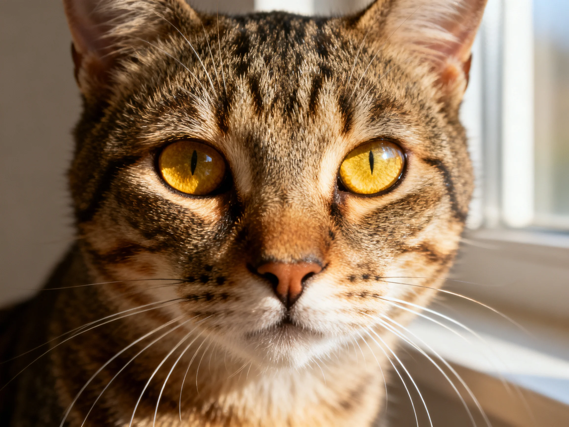 A tabby cat with vivid yellow eyes sits near a sunlit window