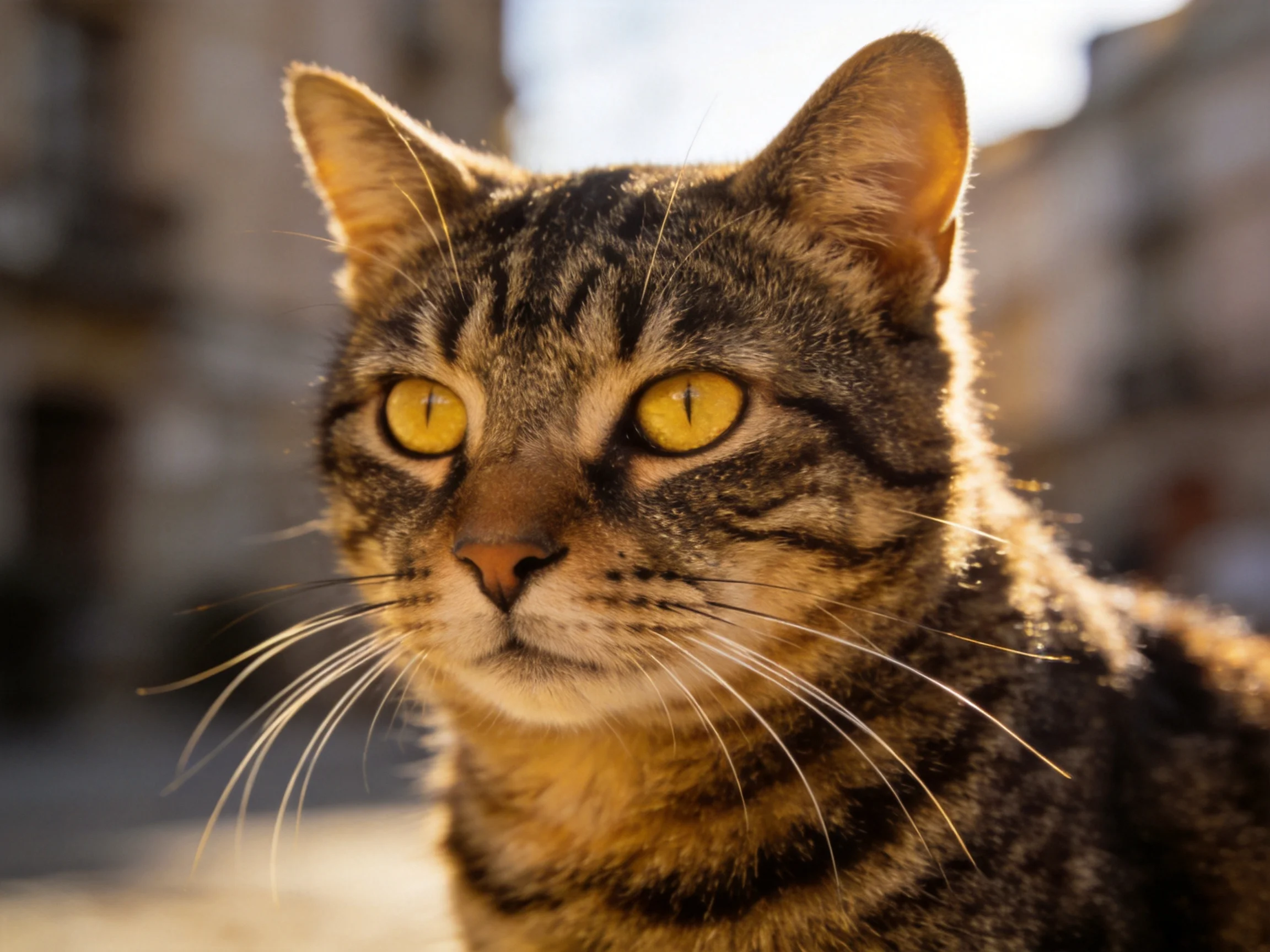 A tabby cat with bright yellow eyes is photographed outdoors.