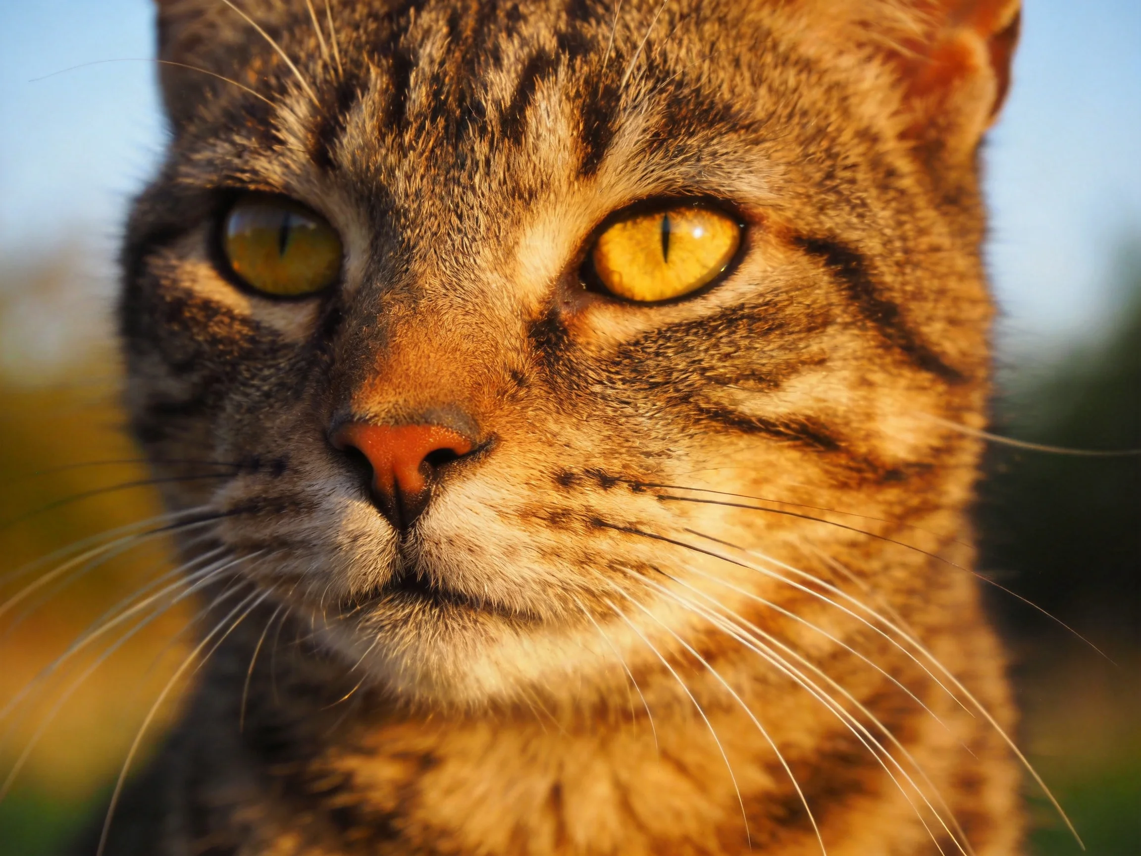 A tabby cat with bright yellow eyes is captured up close in natural light.
