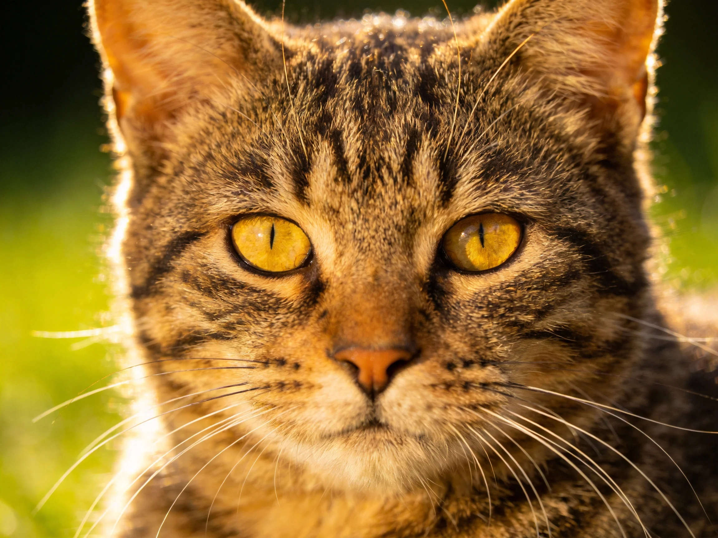A tabby cat with bright yellow eyes is shown in a close - up photograph.