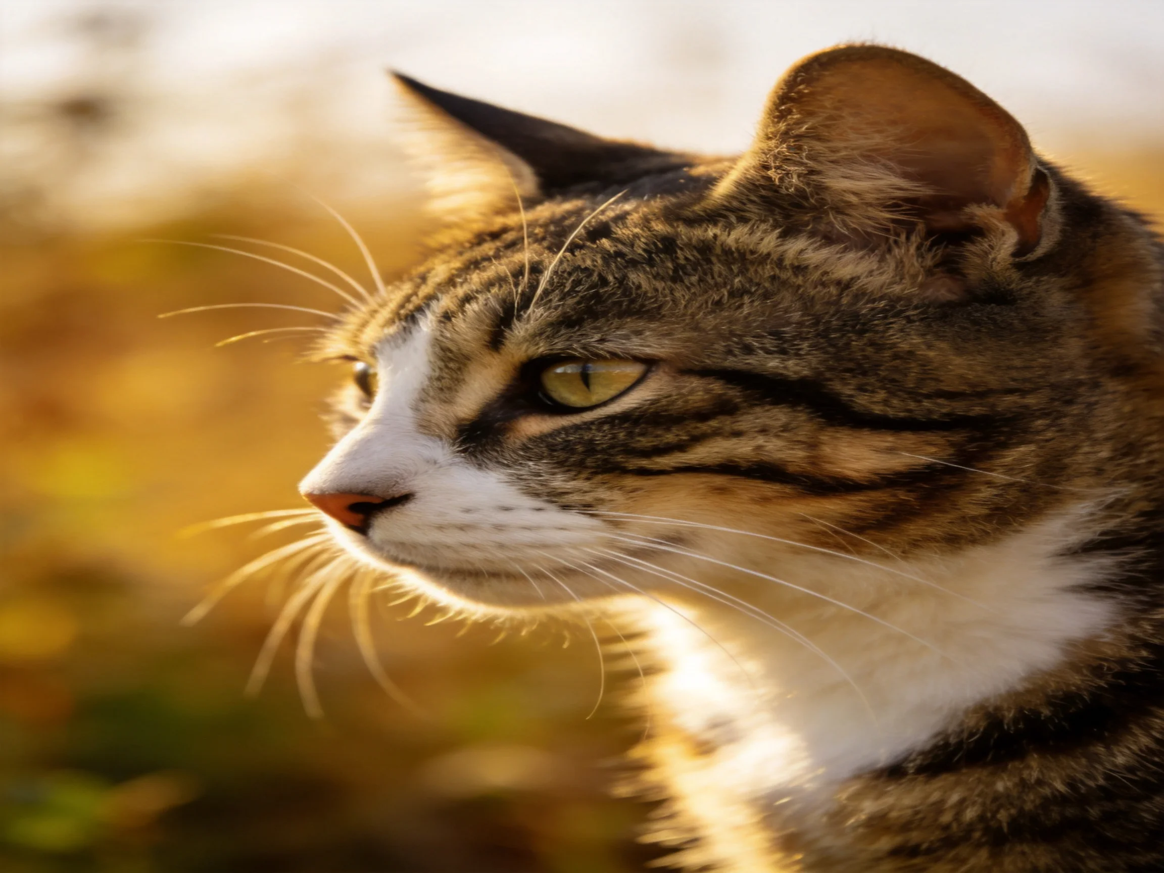 A tabby cat with brown and white fur gazes into the distance amid golden light.