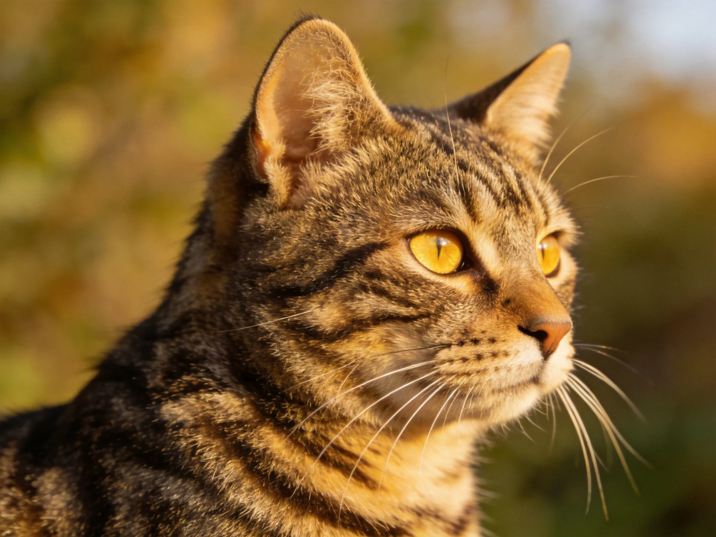 A tabby cat with golden eyes looks attentively into a sunlit outdoor space.