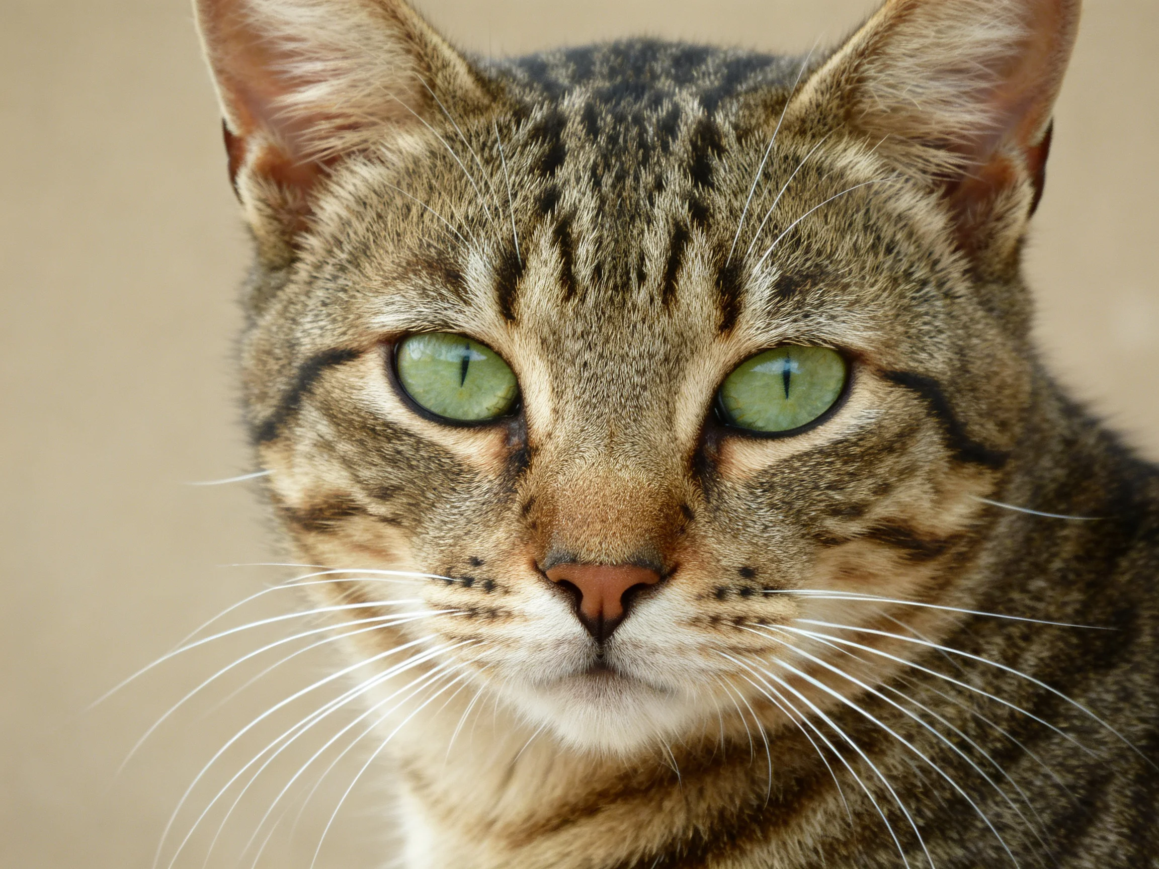 A tabby cat with green eyes is shown in a close - up.