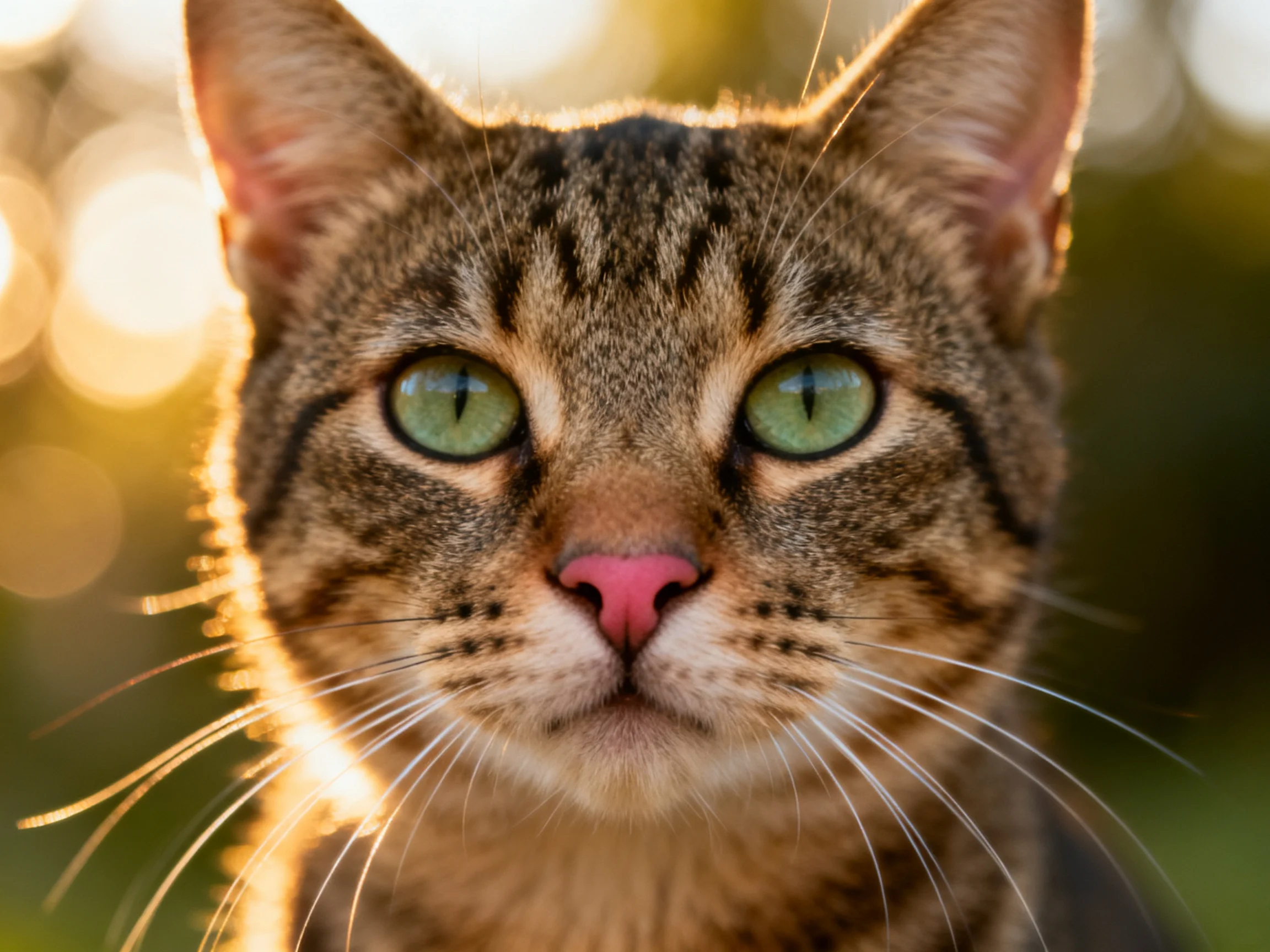 A tabby cat with green eyes is shown up close amid soft, golden bokeh light.
