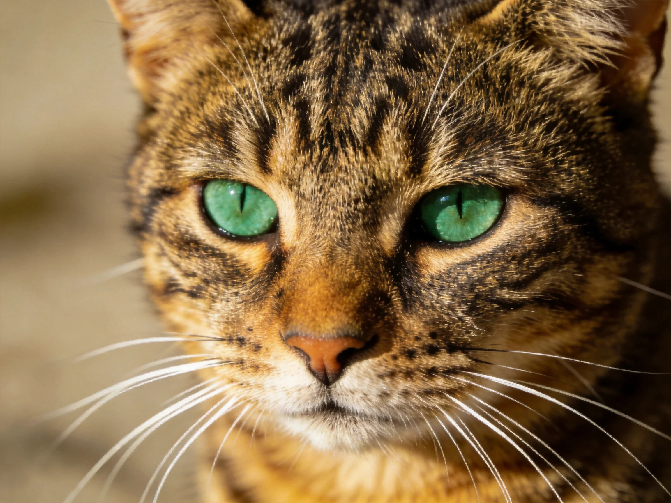 A close - up of a tabby cat with green eyes and spotted fur.